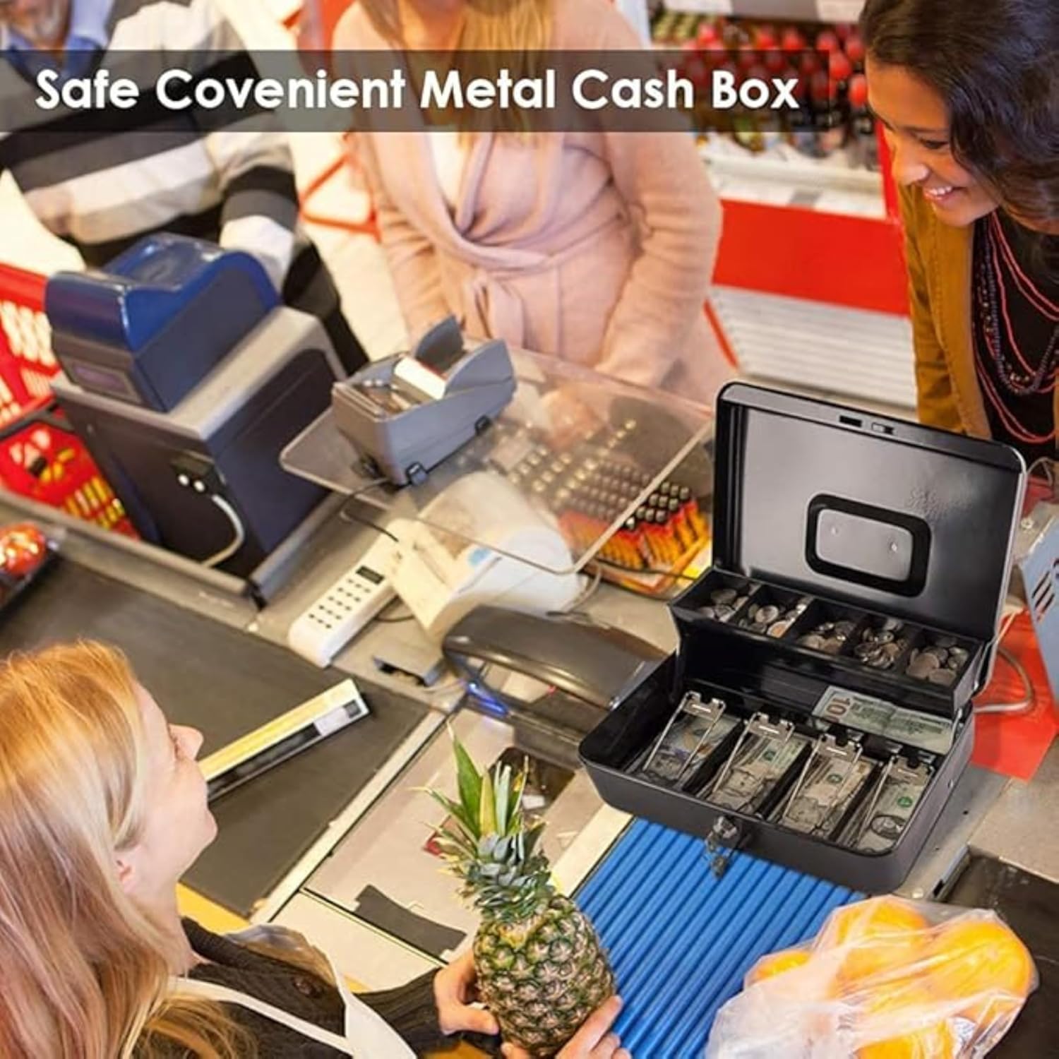 Large Metal Cash Box With Key Lock & Money Tray, 4 Note & 5 Coin Slots, 30 X 24 X 9 Cm, Secure Cash Storage For Home, Office & Business, Colour - Black