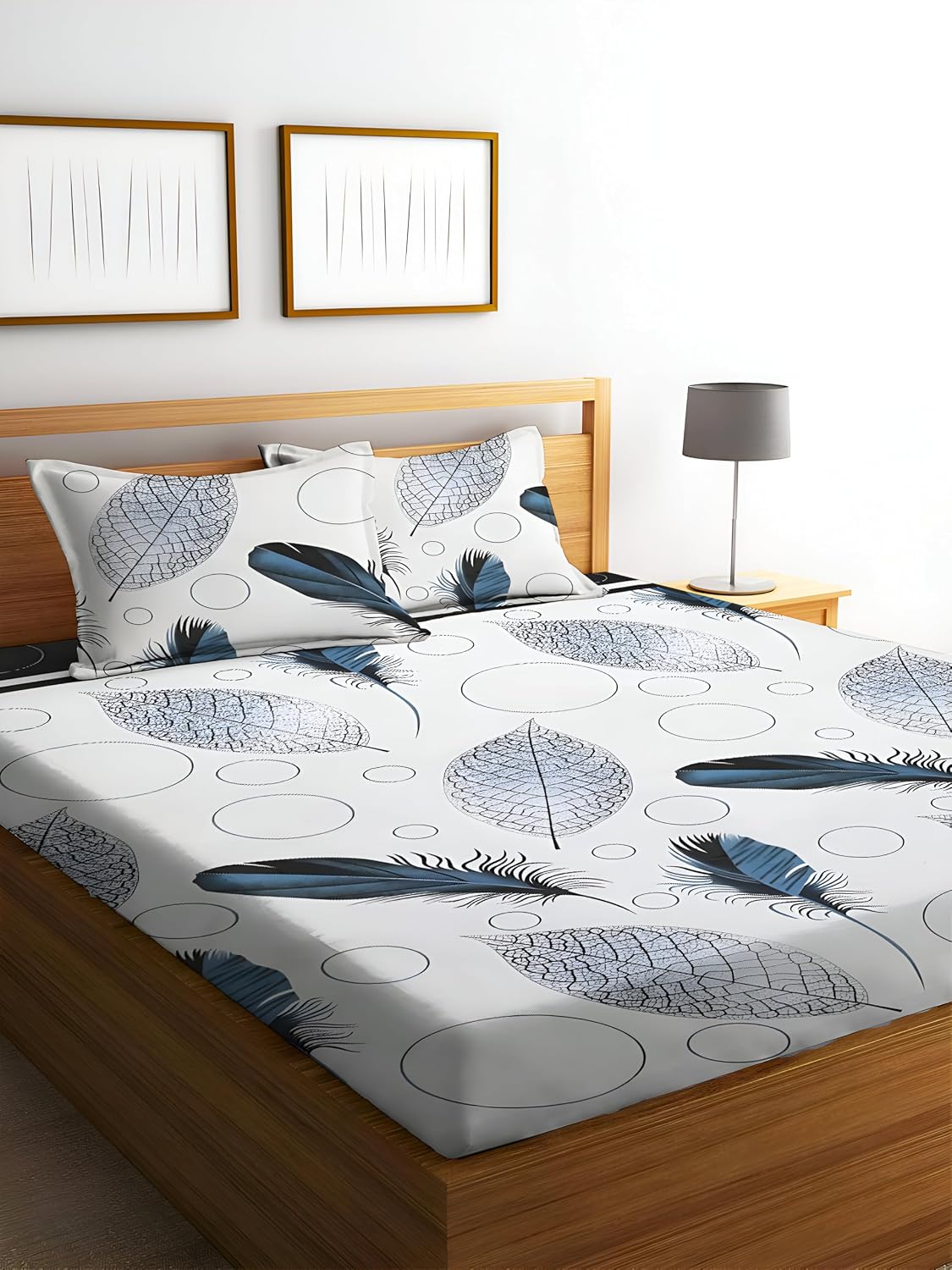 Printed King Size Bedsheet With 2 Matching Pillow Covers - 90 X 90 Inches, White & Teal | Durable & Long-Lasting | Naturally Soft, Breathable, & Skin-Friendly
