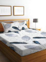 Printed King Size Bedsheet With 2 Matching Pillow Covers - 90 X 90 Inches, White & Teal | Durable & Long-Lasting | Naturally Soft, Breathable, & Skin-Friendly