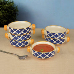 Ceramic Hand Painted Mughal Design Soup Bowls With Handle Set Of 6 - 300ml Each, Blue & Yellow | Ceramic Maggi Bowls - Cereal Bowls