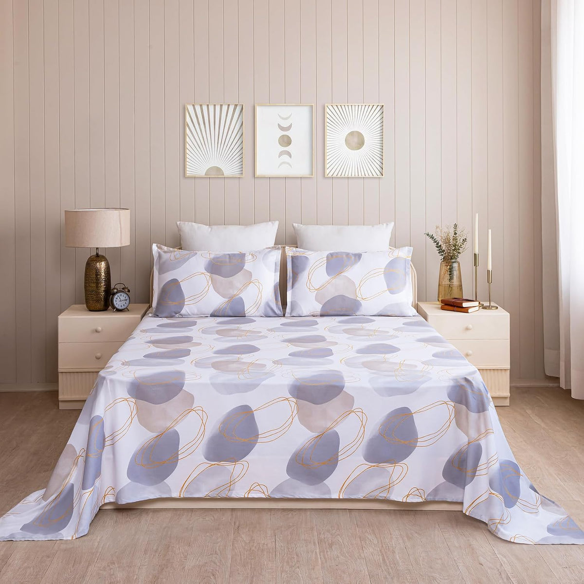 Printed Flat Double Bedsheet With 2 Pillow Covers - 84 X 90 Inches, White & Grey | Soft Breathable & Wrinkle Free | 210 Thread Count