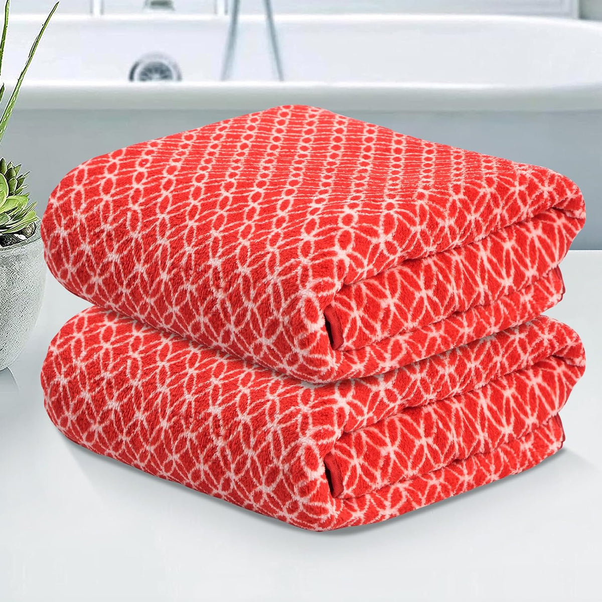 Kuber Industries Microfiber Bath Towel 700 Gsm | Large Size Soft Quick Dry & Absorbent Shower Bath Towel (Circle - Red)- Pack Of 2