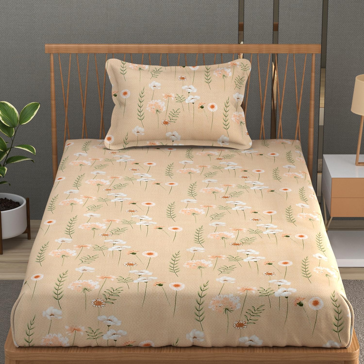 Soft Cotton Single Size Bedsheet With 1 Pillow Cover | 60 X 90 Inches, Cream | Anti-Fade Printed Design | 200 Thread Count