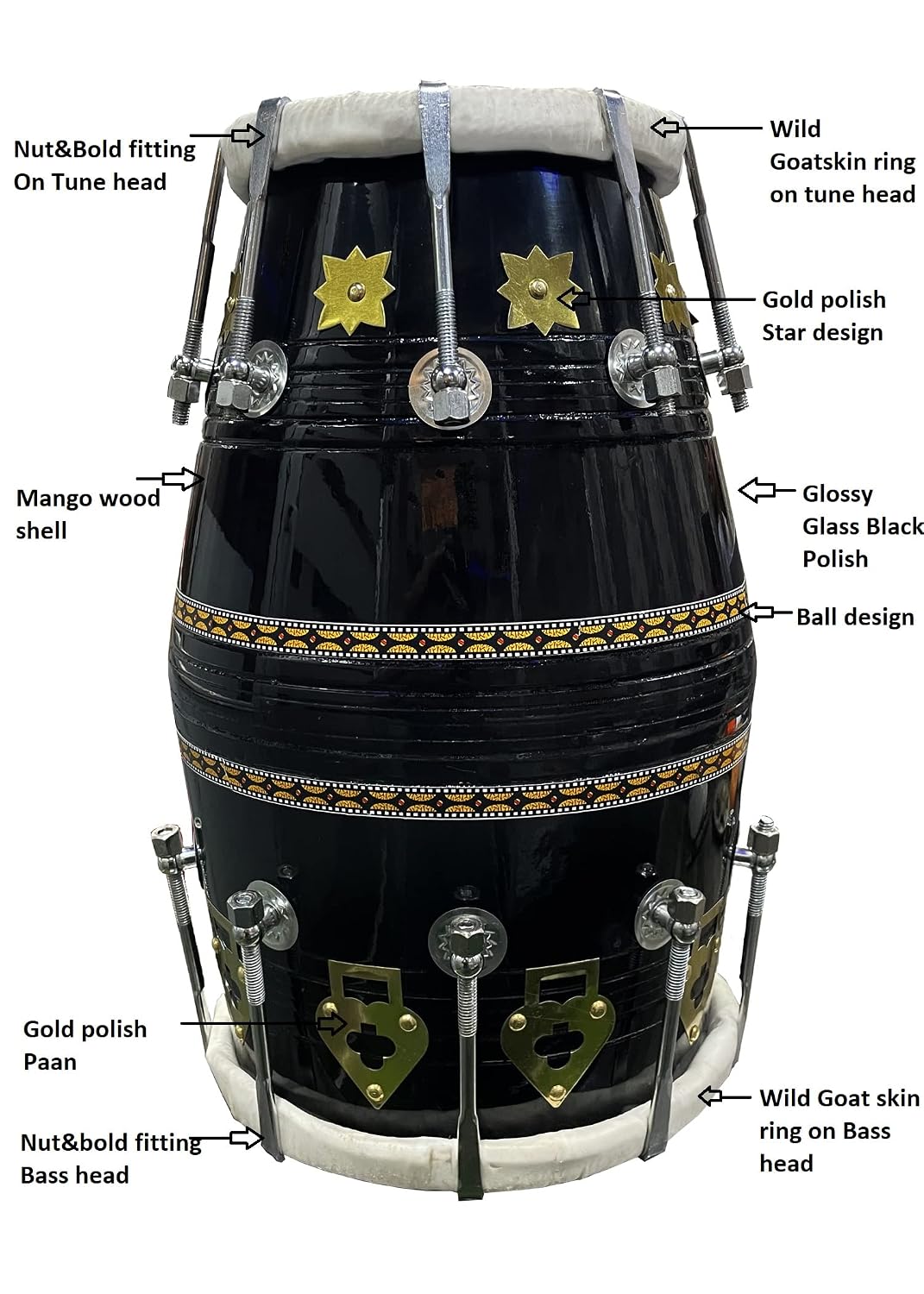 Professional Dholak With Glassy Black Finish Multi Feature Bag - Yellow Brown | Both Side Nut & Bold Fitting - Multi Feature Bag, Blat & Spinner