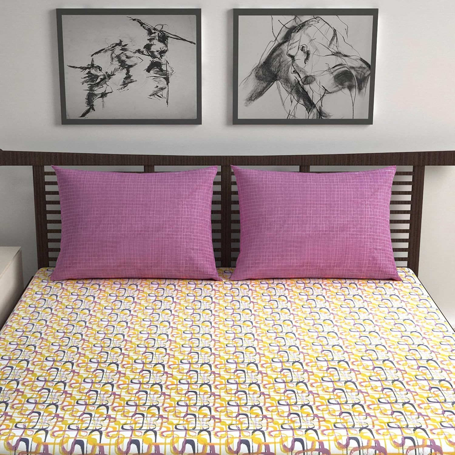 100% Pure Cotton Double Bedsheet For Queen With 2 Pillow Covers - 87 X 100 Inches, Yellow & Dark Pink | Soft & Durable For Everyday Use & Bedroom - All Season Comfort