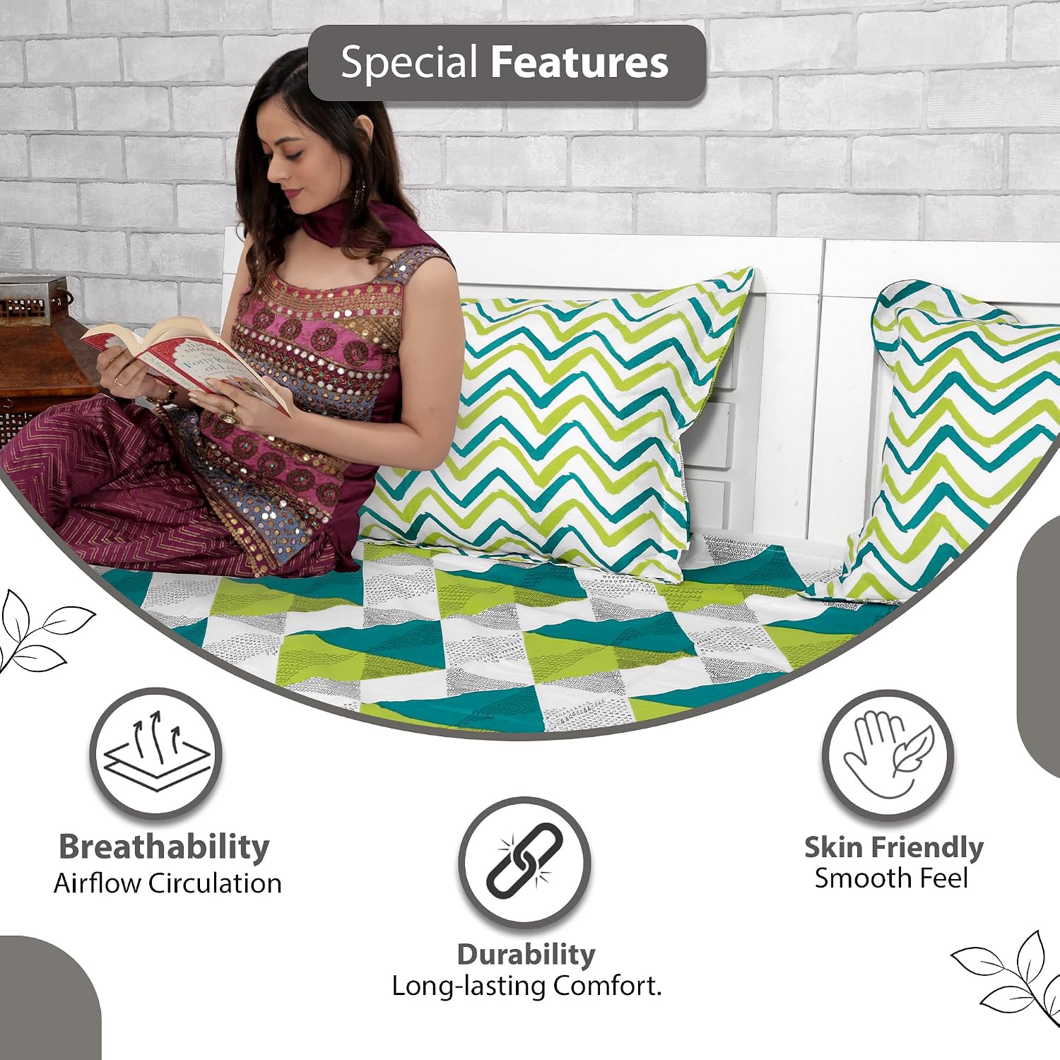 Single Bedsheet With 1 Pillow Cover - 57 X 87 Inches, White & Aqua | Designer Printed Bedsheet Set - Naturally Soft, Breathable & Skin Friendly