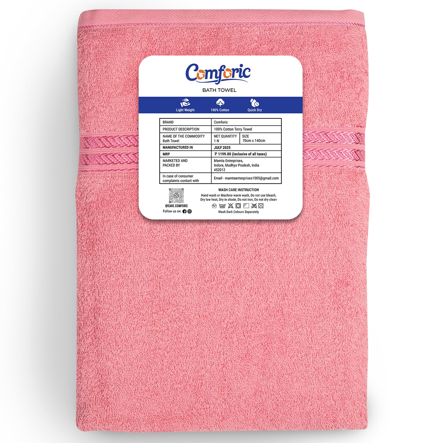 Comforic 100% Cotton Bath Towels 500 Gsm | Large Size Bath Towel For Men & Women Quick Dry, Super Soft & Absorbent Gym Towel, Travel Towel (Rose Pink)
