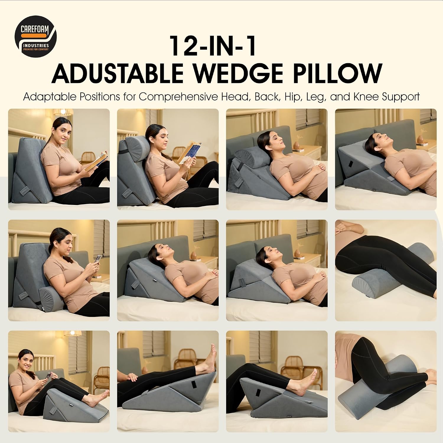 Wedge Pillow For Back Support, Adjustable Wedge Pillow With Headrest, Velvet Grey - 22 X 22 X 12 Inch | Memory Foam Bed Wedge Pillow For Sleeping | Acid Reflux, Gerd, Snoring, Resting