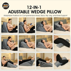 Wedge Pillow For Back Support, Adjustable Wedge Pillow With Headrest, Velvet Grey - 22 X 22 X 12 Inch | Memory Foam Bed Wedge Pillow For Sleeping | Acid Reflux, Gerd, Snoring, Resting