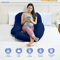 Full Body Pillow, G Shape Pregnancy Pillow, For Pregnant Women, Grey & Navy Blue | Single Pillow For Multipurpose Use During Maternity | Premium Velvet Cover With Zip, Adjustable Pillow