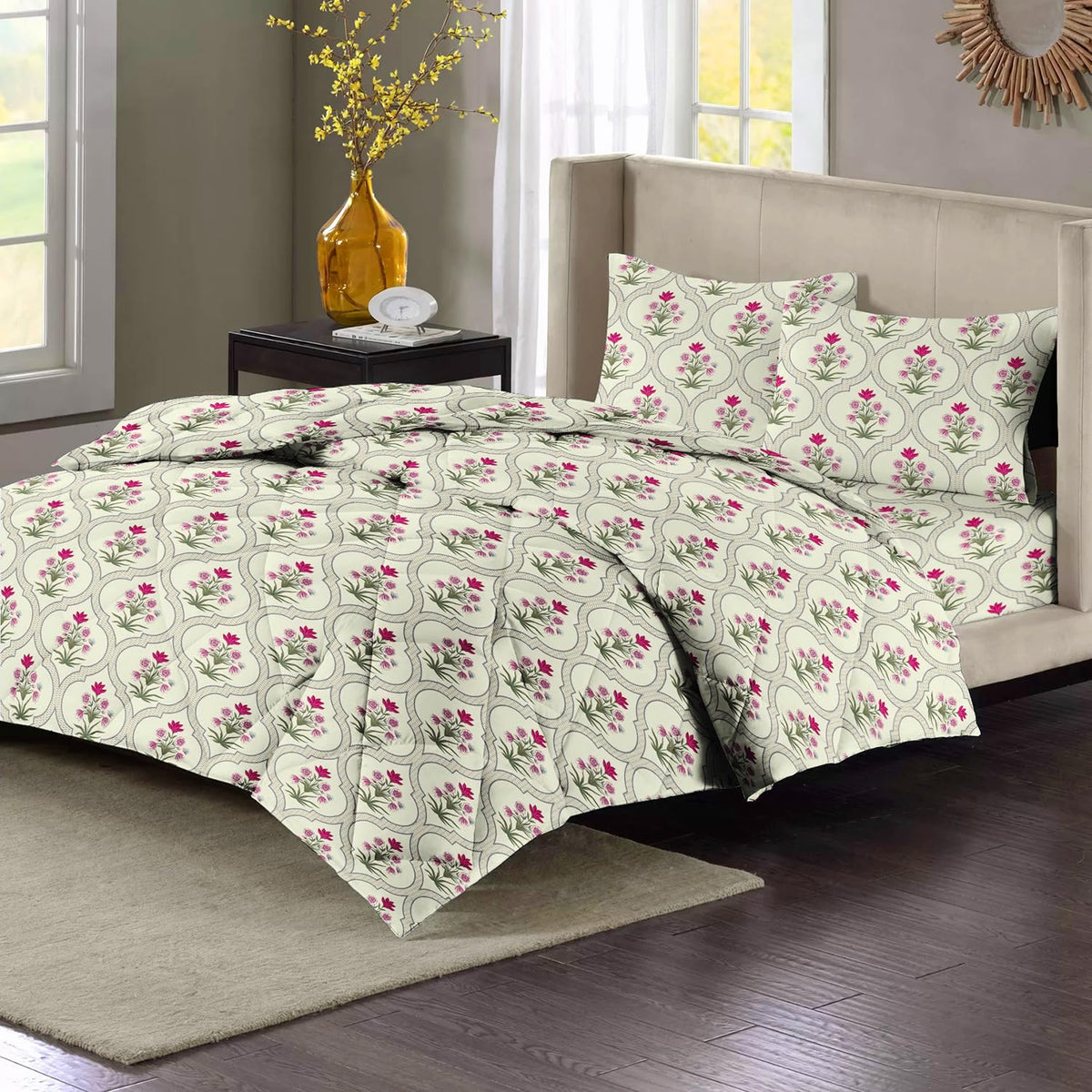 Bedding Set 1 Double Bedsheet, 2 Pillow Covers With 1 Comforter | 90 X 100 Inches, Off White & Pink | Perfect For Queen Bed Durable & Wrinkle Free - All Season Bedding