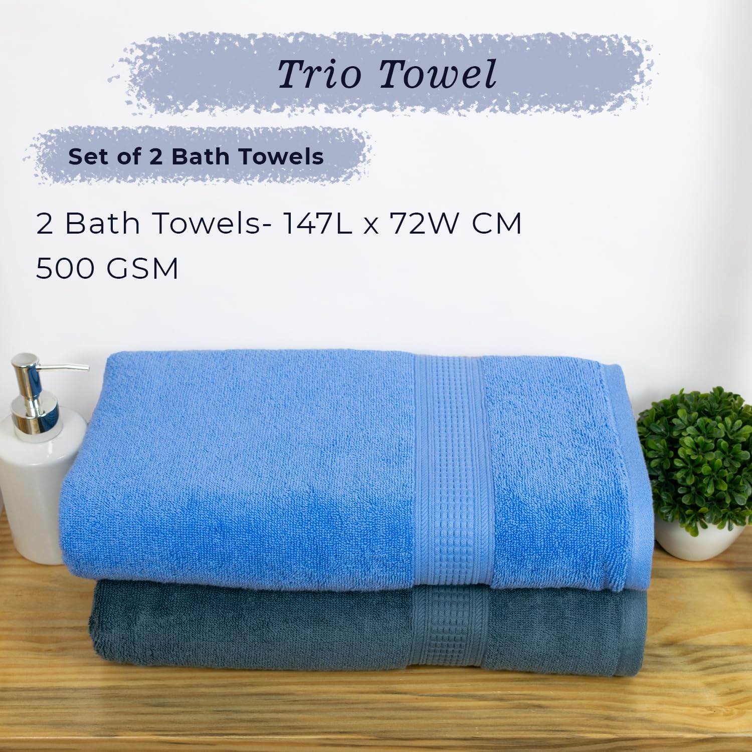 Rangoli 100% Cotton Fibre Bath Towel 1000 Gsm | Highly Durable & Super Absorbent Towel | Skin-Friendly & Quick Drying Luxury Towels (Sky Blue & Blue) - Pack Of 2
