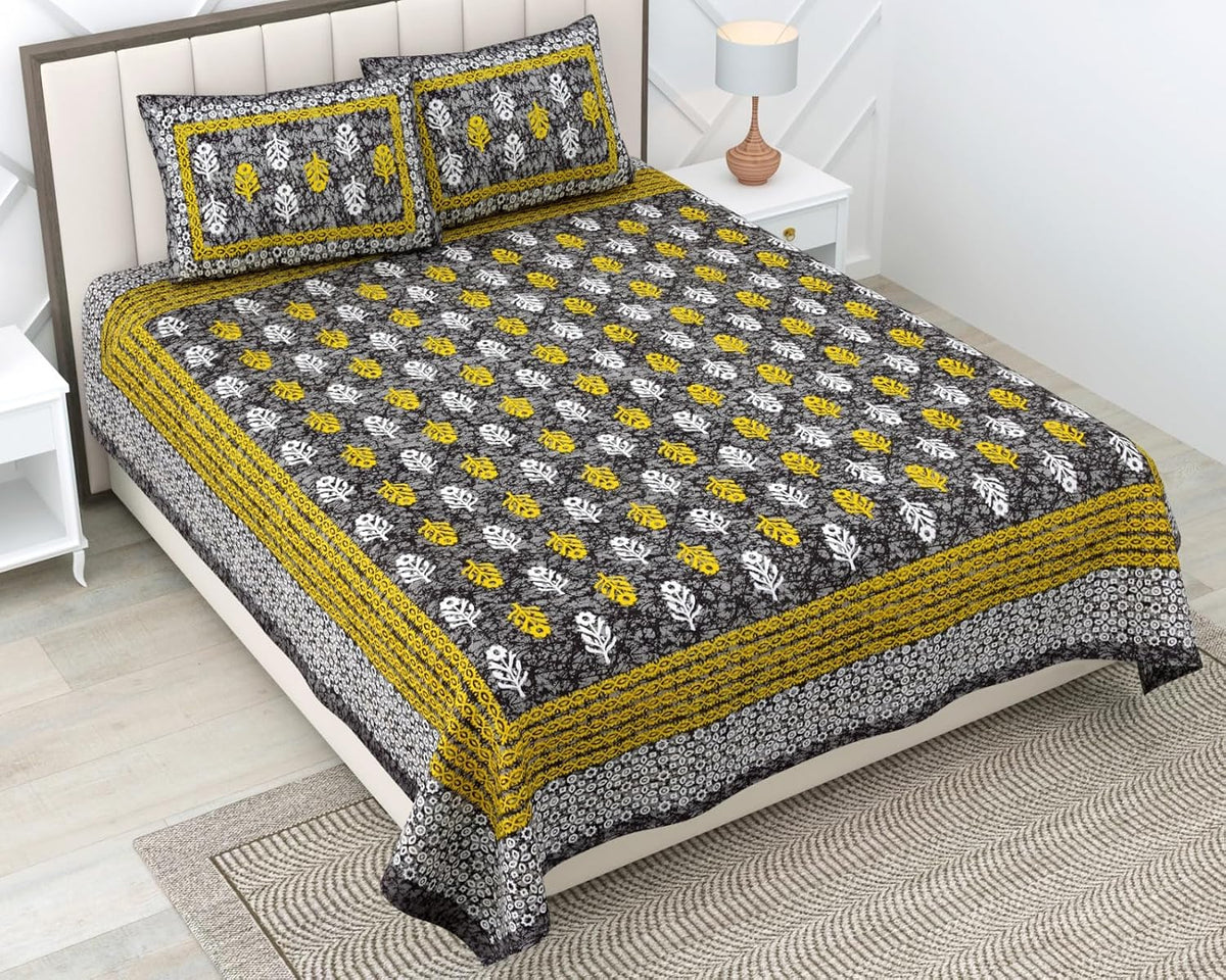 Pure 100% Cotton Double Bed Sheet With 2 Pillow Covers - 90 X 100 Inches, Grey & Green | Beautifully Handcrafted Traditional Bedsheets - Skin Friendly Fabric