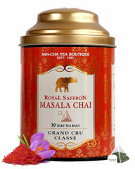 San-Cha Tea Boutique Royal Saffron Masala Chai - 60gm, 2.1 Ounce, 30 Silky Pyramid Tea Bags | Blend Of Real Kashmir Saffron With Cardamom - Ginger & Cinnamon Kesar Chai | Medium Caffeine