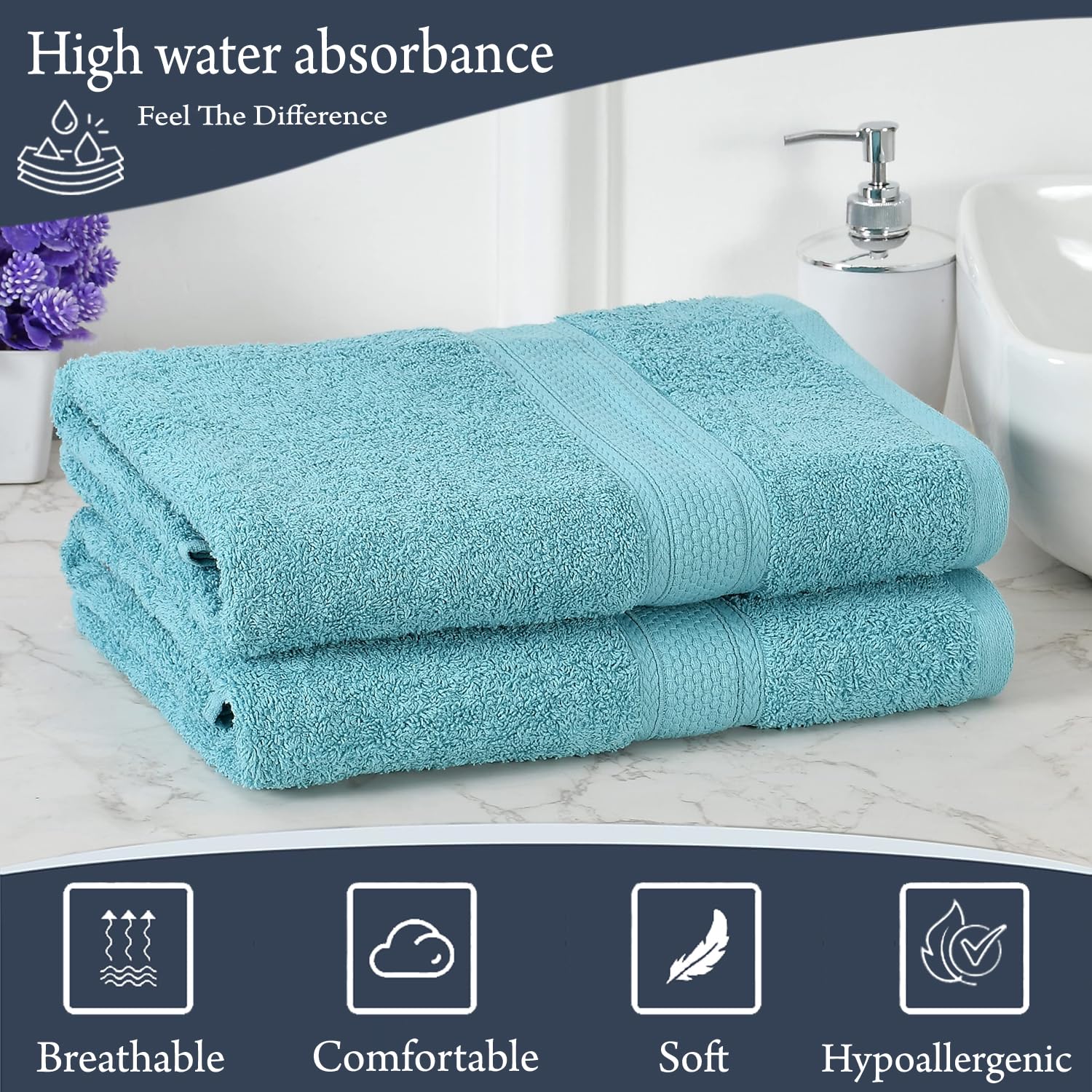 Fresh From Loom Luxury Edition Egyptian 100% Pure Cotton Bath Towel 1200 Gsm | High Water Heavy Soft Dual Stitched Bath Towel (Turquoise Blue) - 2 Pcs
