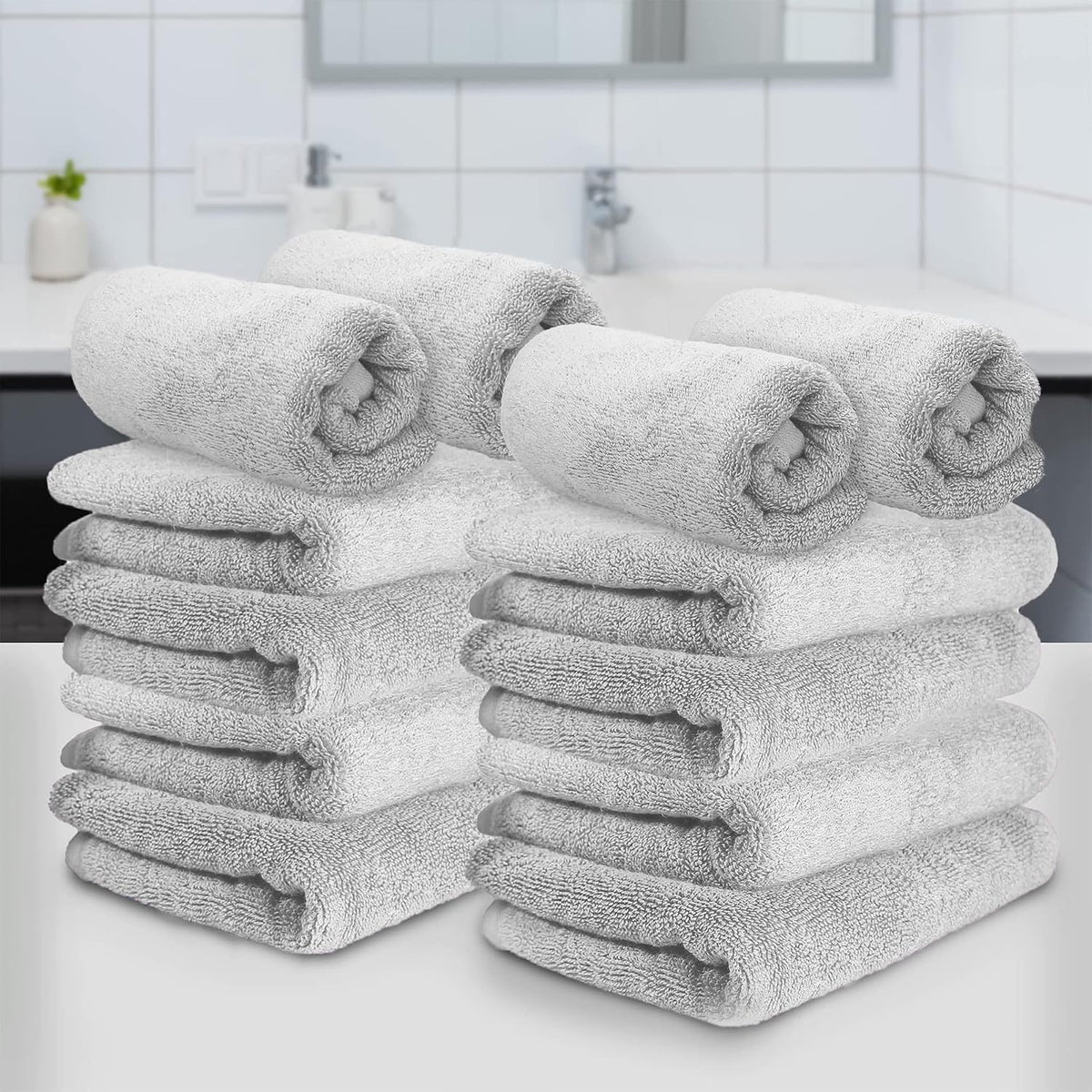Heelium Bamboo Hand Towel 2400 Gsm | Ultra Absorbent & Anti-Bacterial | 3x Softer Than Cotton Towels (Light Grey) - Pack Of 12