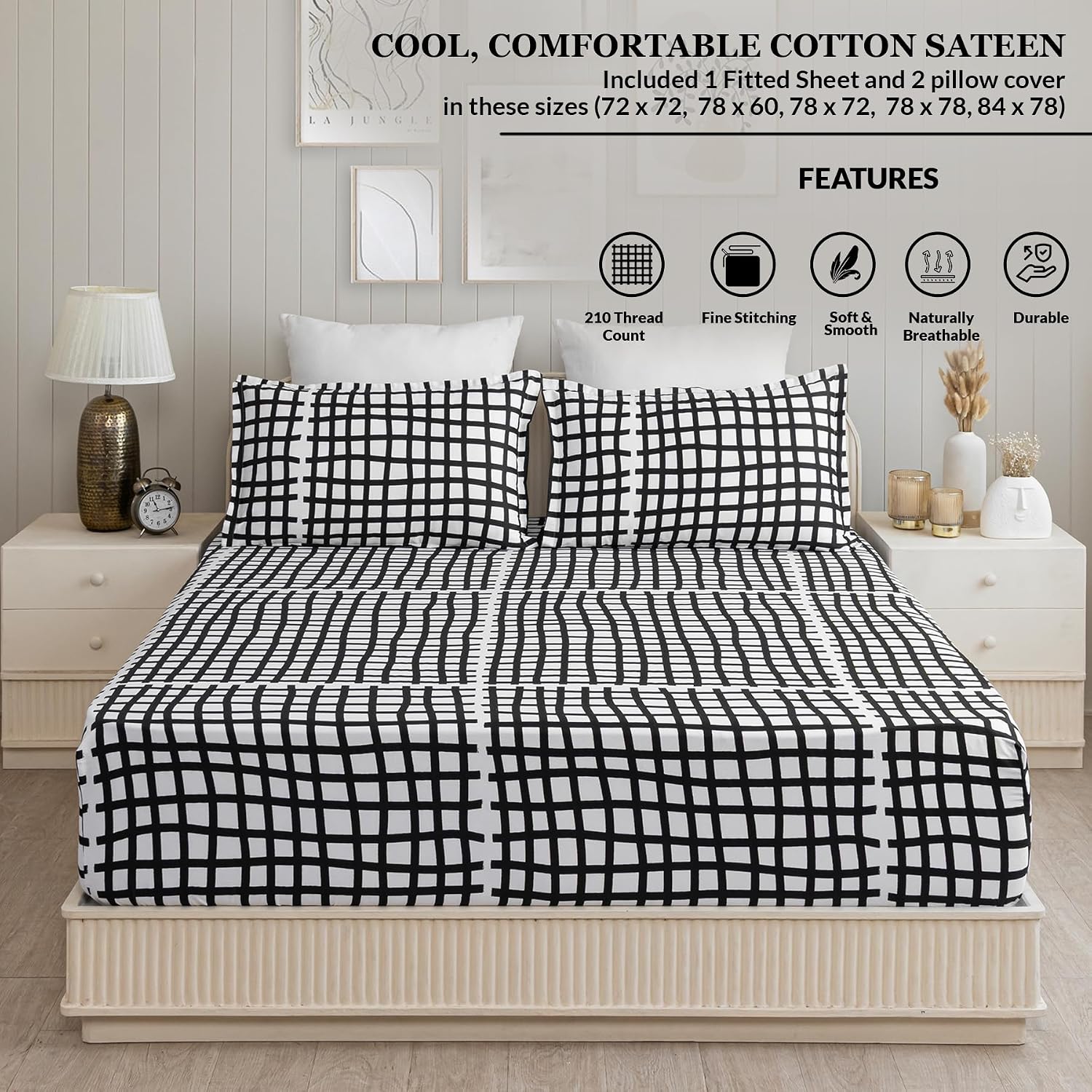 King Size Bedsheet With Two Matching Pillow Cover - 78 X 72 Inches, Black & White | All Around Elastic Fitted Bedsheet | Wrinkle Free