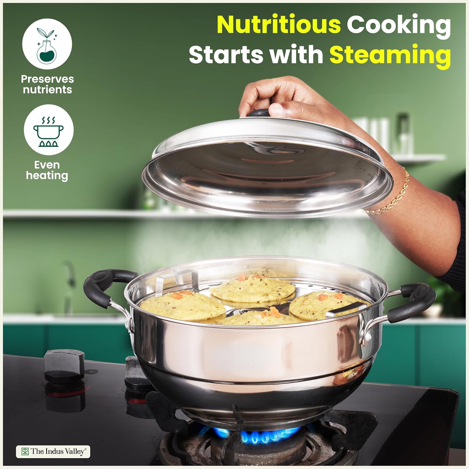 Stainless Steel Idli, Dhokla, Momo Maker - Multi Pot & Steaming Set | Small, 5 Plates, 23cm - 9 Inch, 3 Liters, 1.7 Kg - Nonstick 3-Layer Bottom | Induction Friendly - Tri-Ply Sandwich Bottom