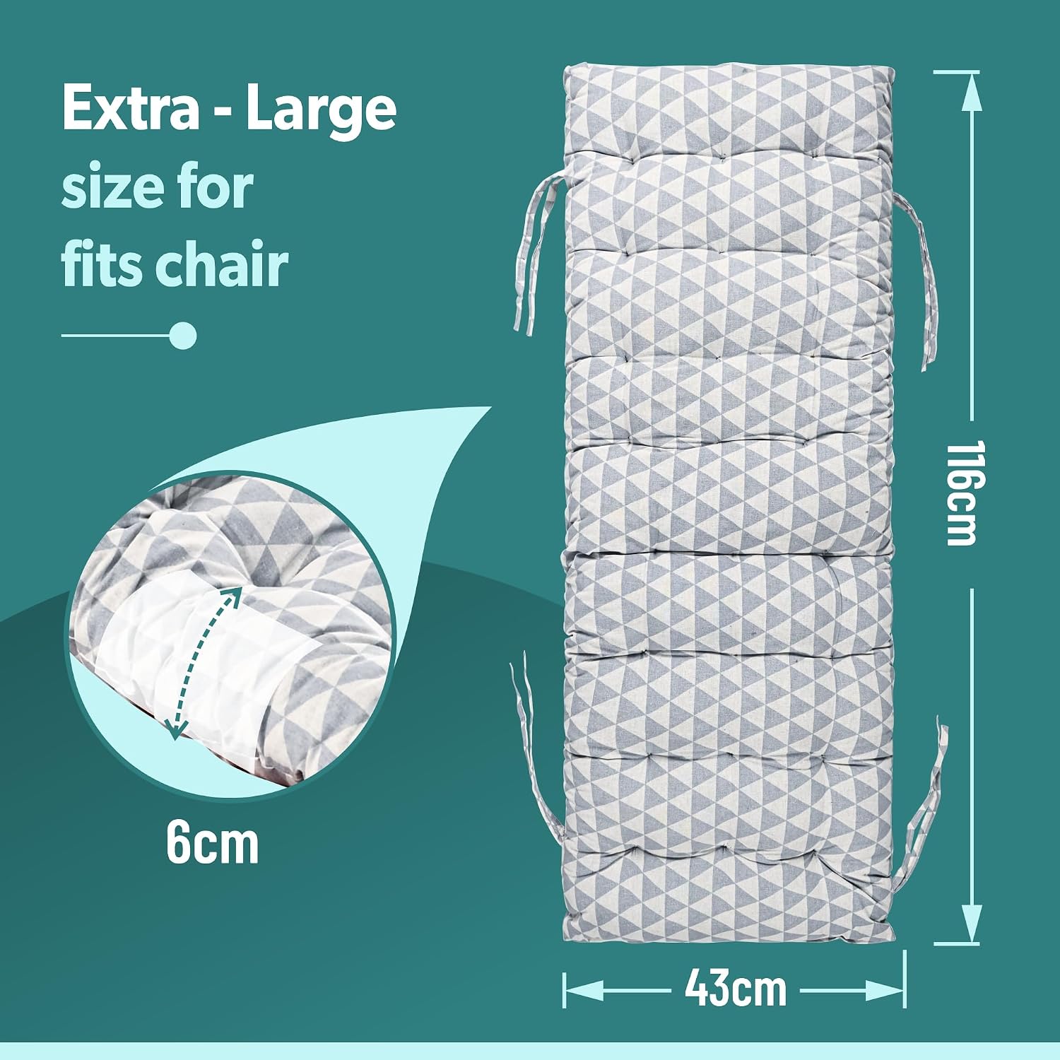 Extra Long Chair Cushion For Comfortable Sitting, Triangle Printed, Grey - 18 X 48 Inch | Rocking Chairs For Indoor & Outdoor | Cushion For Home, Office | Back Rest Support Cushion With Ties