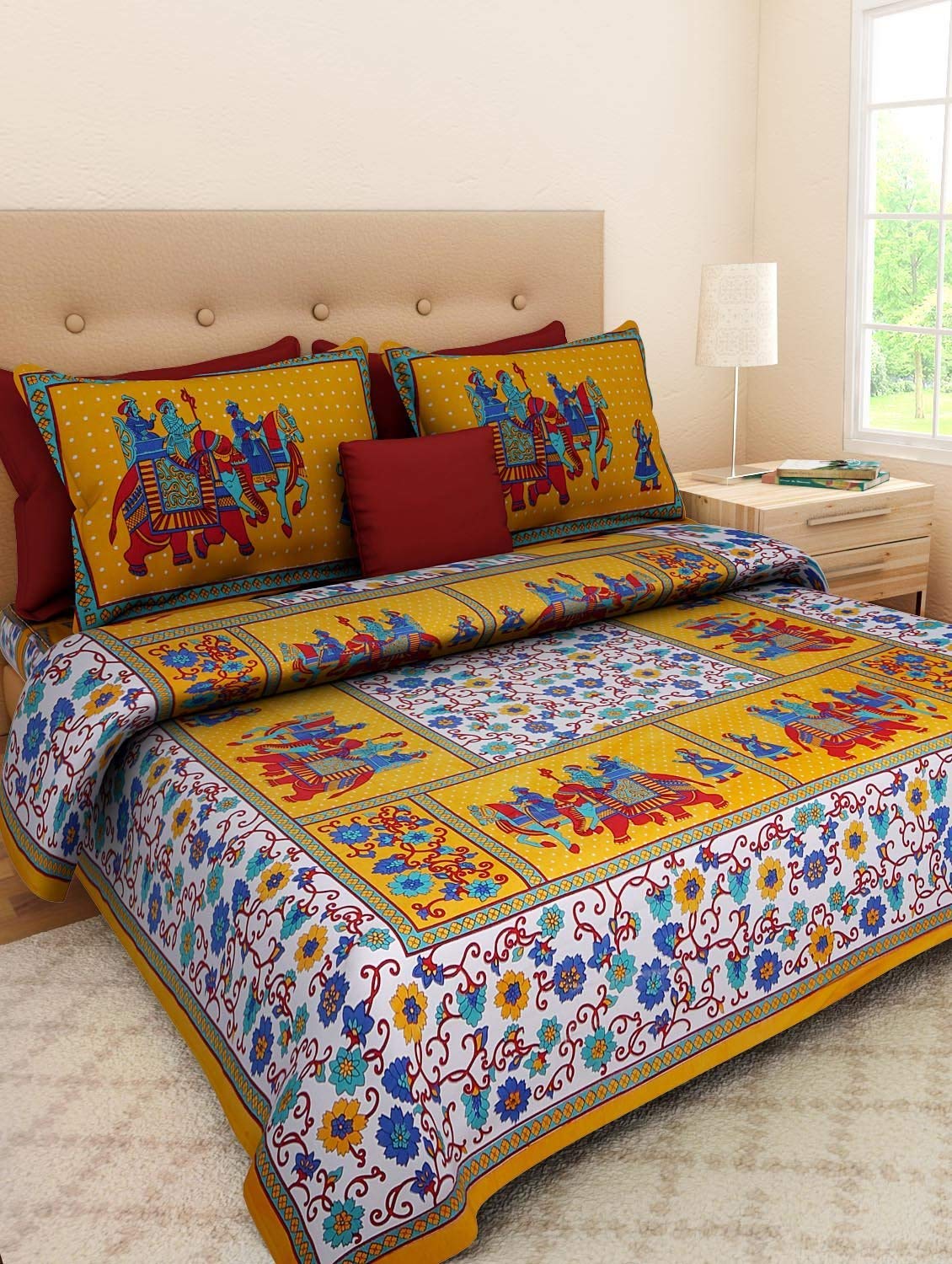 Printed Bedsheet For Double Bed With 2 Pillow Covers - 83 X 94 Inches, Multicolor | Ideal For Hotel, Guest House, Home | Traditional Jaipuri Bedsheets
