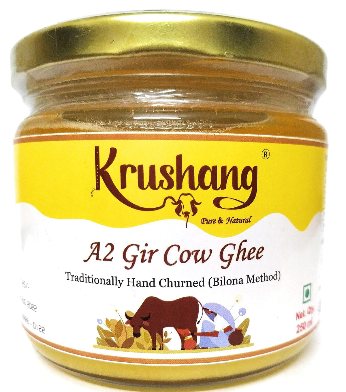 Natural A2 Gir Cow Bilona Ghee By Krushang | Traditionally Hand Churned Bilona Method Healthy Pure Desi Ghee Helps In Weight Loss | (250ml) 8.4 Ounce | Jar Pack