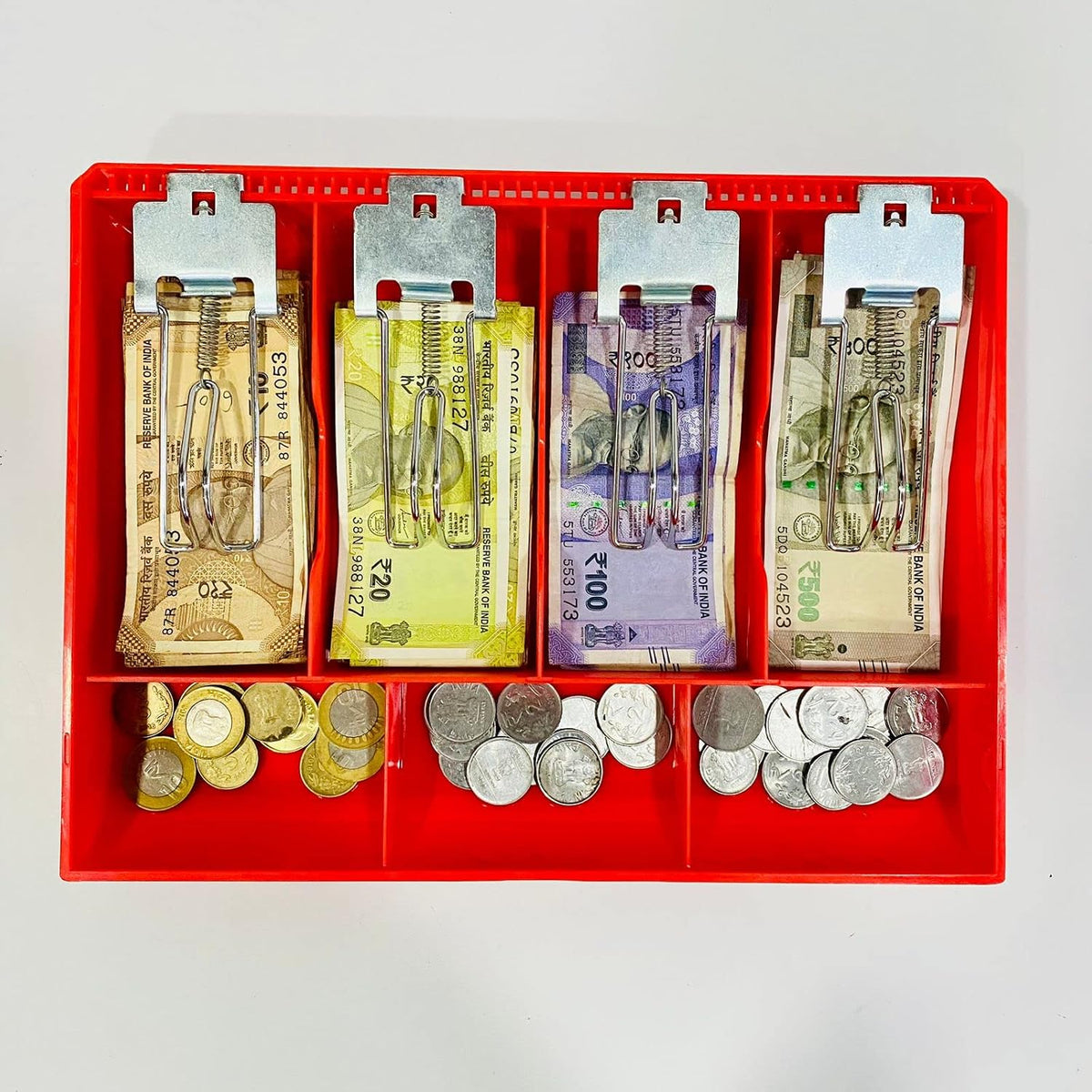 Abs Plastic Cash Drawer, 4 Cash & 3 Coin Organizer For Supermarket | Metal Clip, 7 Slot, 32.2 X 3.5 X 24.5 Cm, Colour - Red, Special Feature - Portable