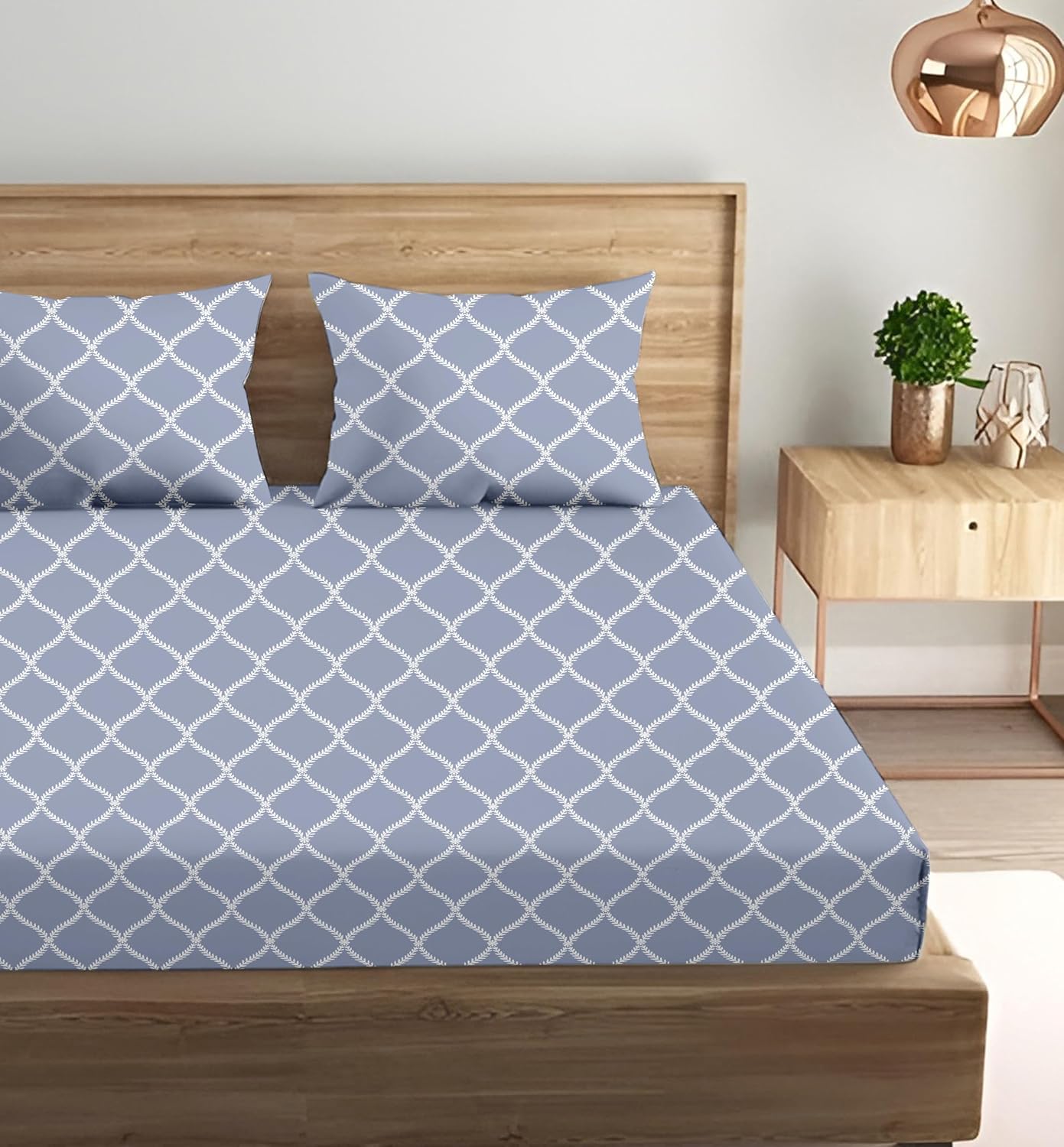 King Size Fitted Bedsheet With 2 Large Pillow Covers - 108 X 108 Inches, Grey & White | Soft, Breathable & Durable | Wrinkle Resistant