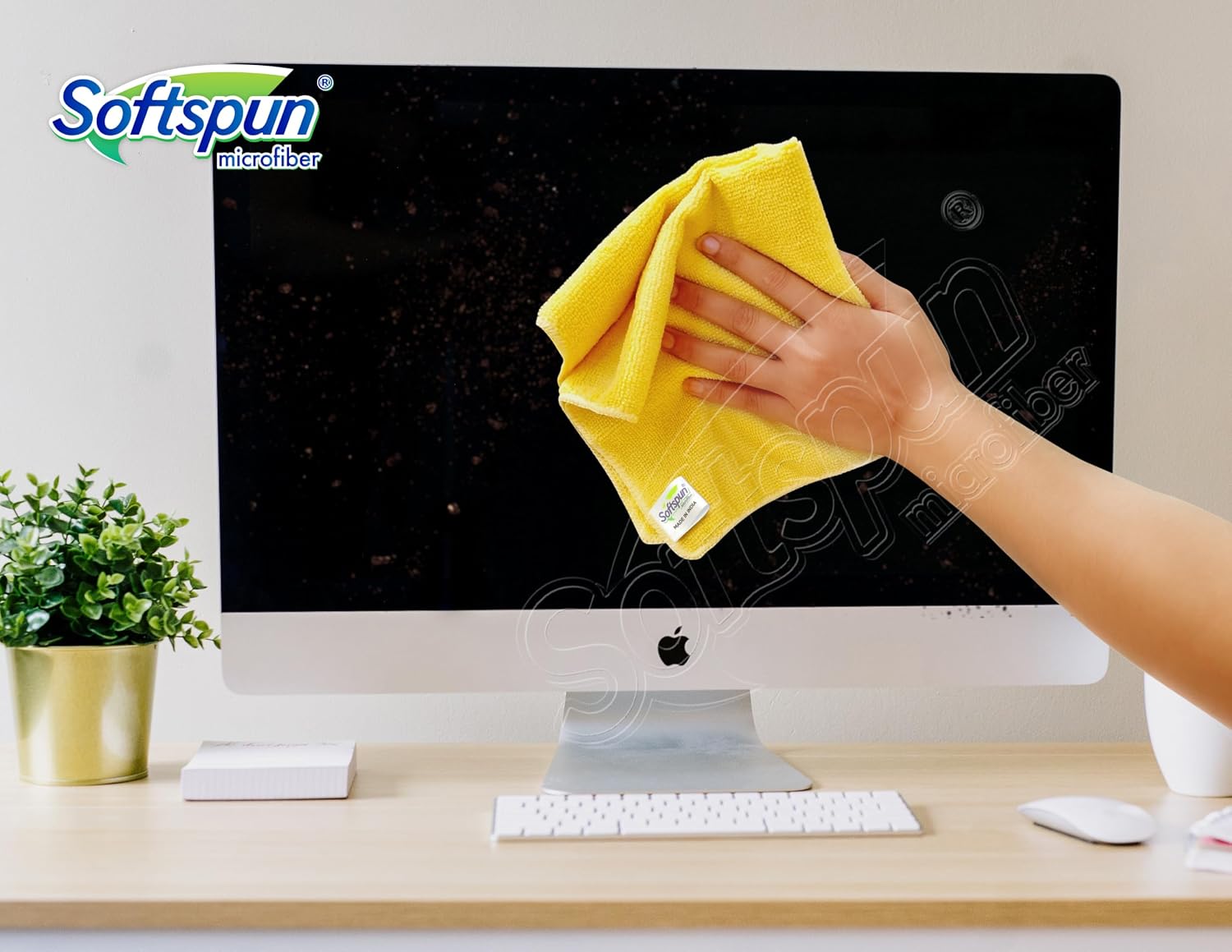 Softspun Microfiber Cleaning Cloths 450 Gsm | Highly Absorbent, Lint & Streak Free, Multi -Purpose Wash Cloth For Kitchen, Car, Window, Stainless Steel (4 Pcs)- Yellow