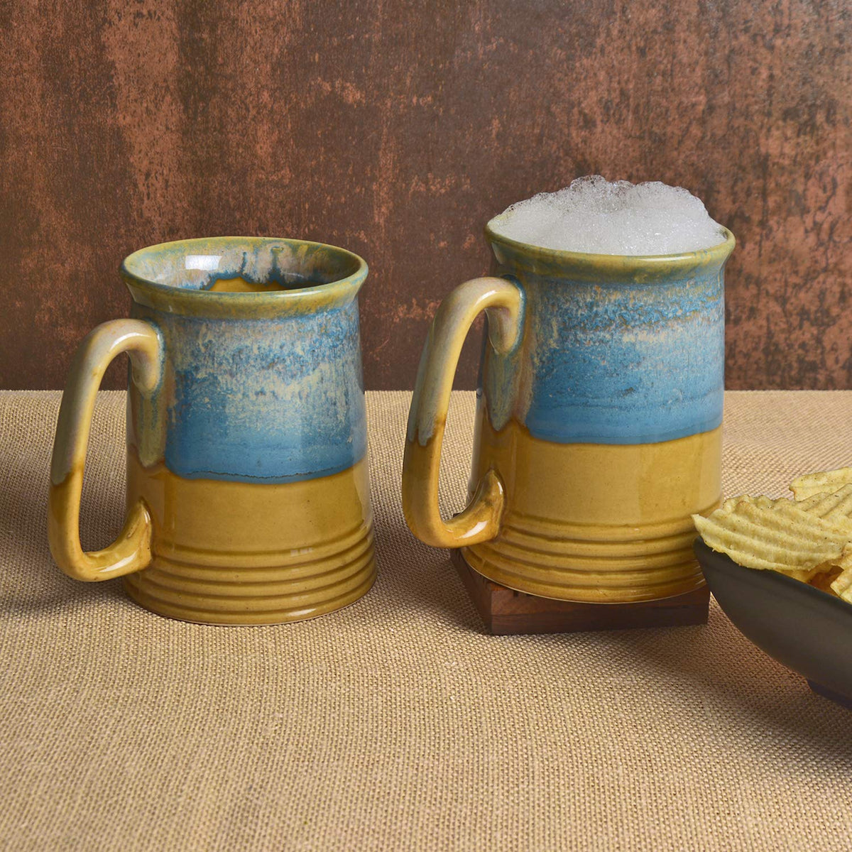 Dual Glazed Studio Pottery Ceramic Beer Mugs Set Of 2 - 650ml Each, Mustard Yellow & Teal | Milk Mugs - Coffee Mugs