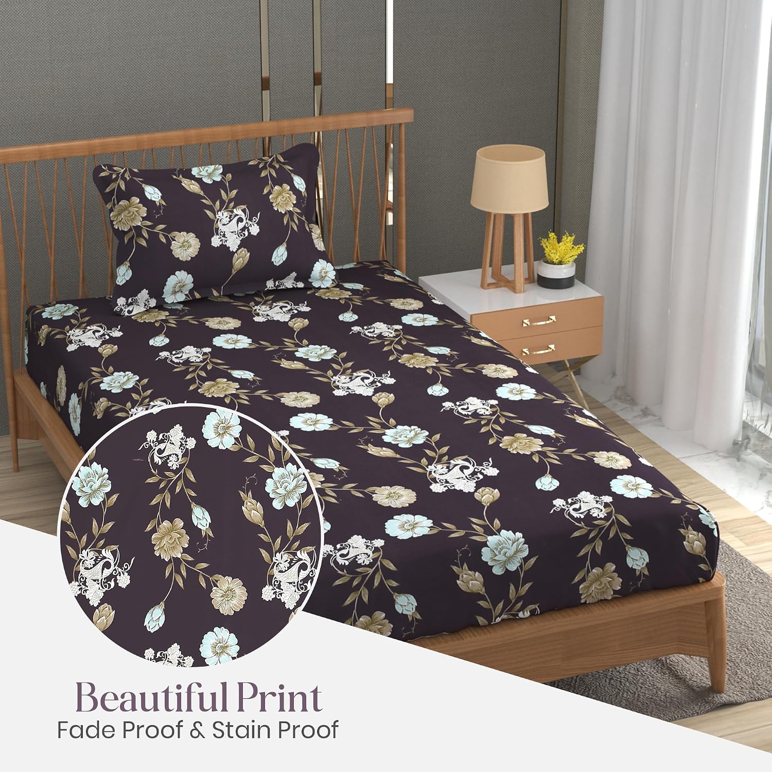 Soft Cotton Single Size Bedsheet With 1 Pillow Cover | 60 X 90 Inches, Ship Grey | Anti-Fade Printed Design | 200 Thread Count