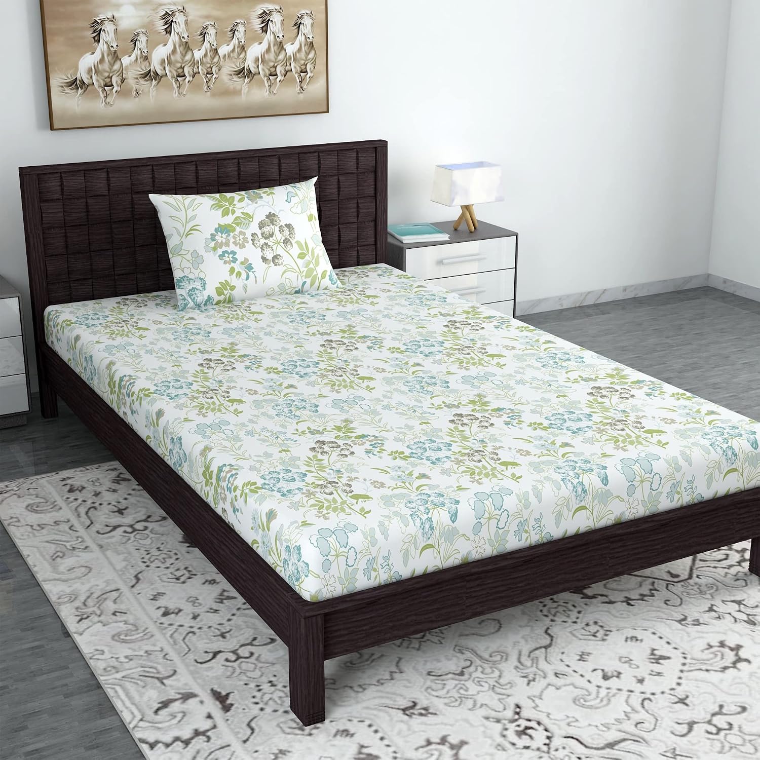 Single Bedsheet With 1 Pillow Cover - 57 X 87 Inches, White & Green | Designer Printed Bedsheet Set - Naturally Soft, Breathable & Skin Friendly