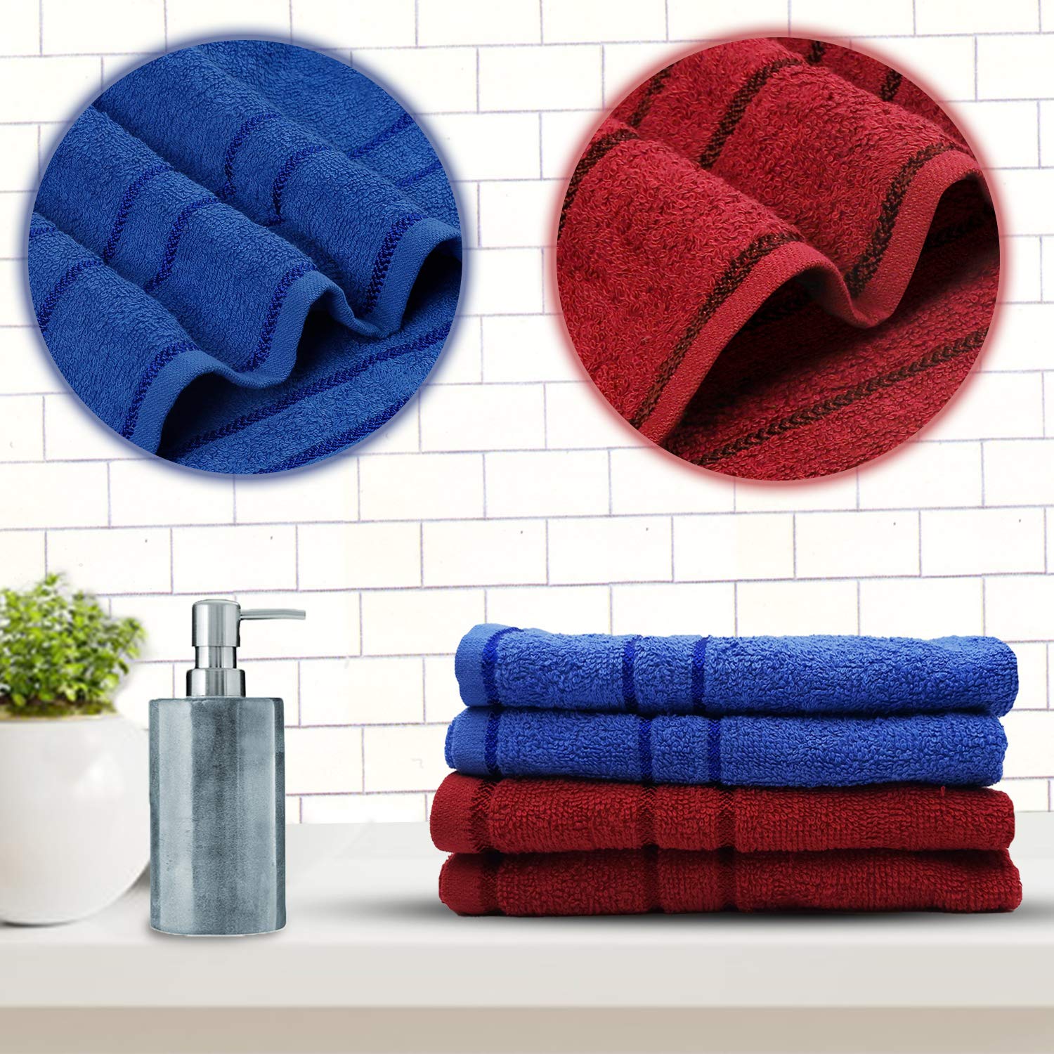 Sassoon Melrose 100% Cotton Hand Towel 800 Gsm | Highly Absorbent, Soft Material Perfect For Daily Use (Blue & Burgundy) -4 Piece