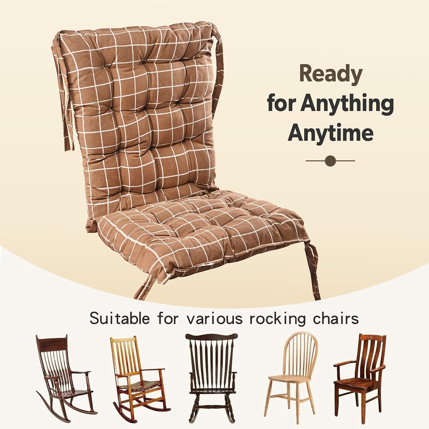 Long Comfortable Rocking Chair Cushion With Ties, Check Printed - Brown - 18 X 36 Inch | Back Rest & Seat Cushions Chair Pad, For Rocking Chairs | Chair Cotton Cushion For Office & Home Use