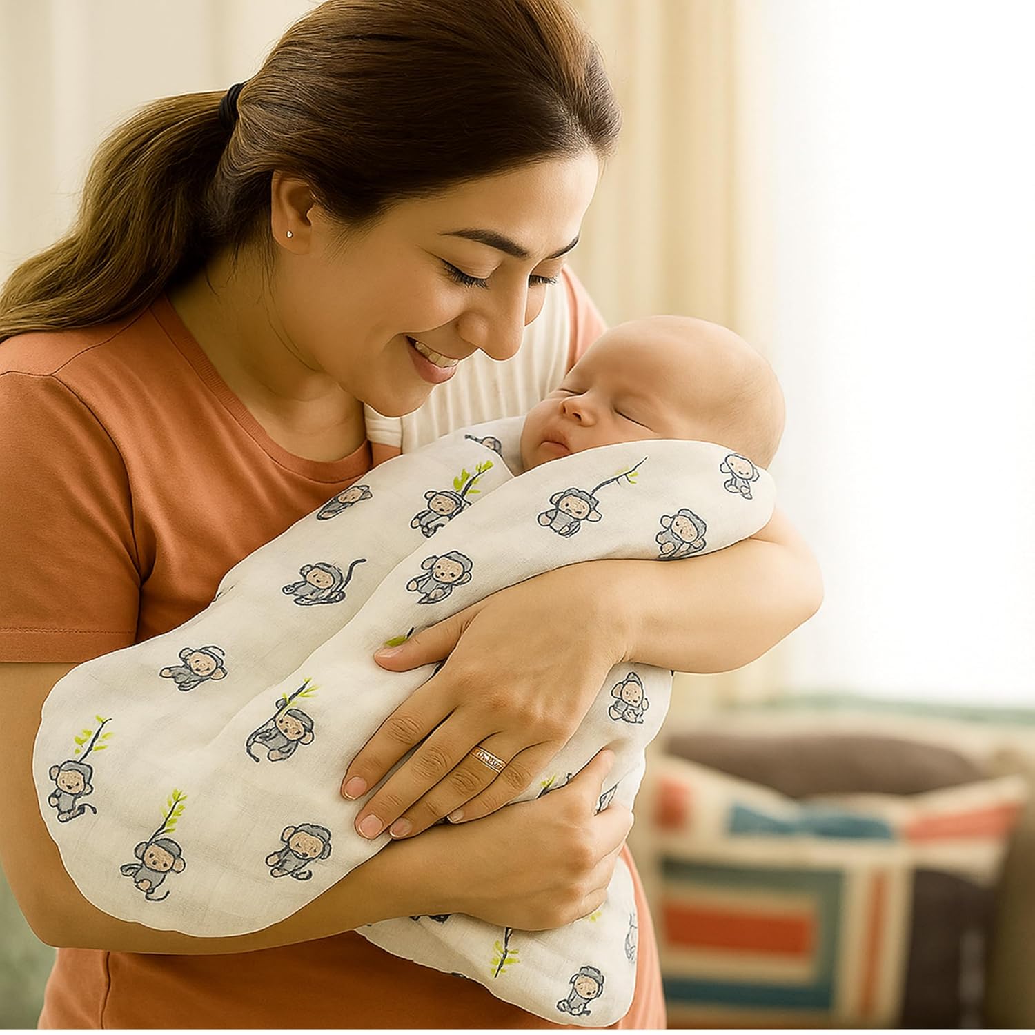 Organic Cotton Muslin Baby Bath Towel 200 Gsm | Cotton Cloth Premium Baby Washable Reusable, Absorbent, Extra Soft (Monkey & Black Feather)- Pack Of 2