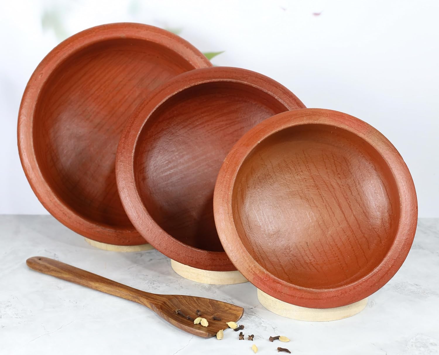 Deep Burned Uncoated Clay Pot Or Mitti Handi Combo With 2 Wooden Spatulas Complimentary Pack Of 3 - Red, 1+2+3 Liters | Pre-Seasoned Mud Pot - Unglazed, Double Fired, Hand Crafted