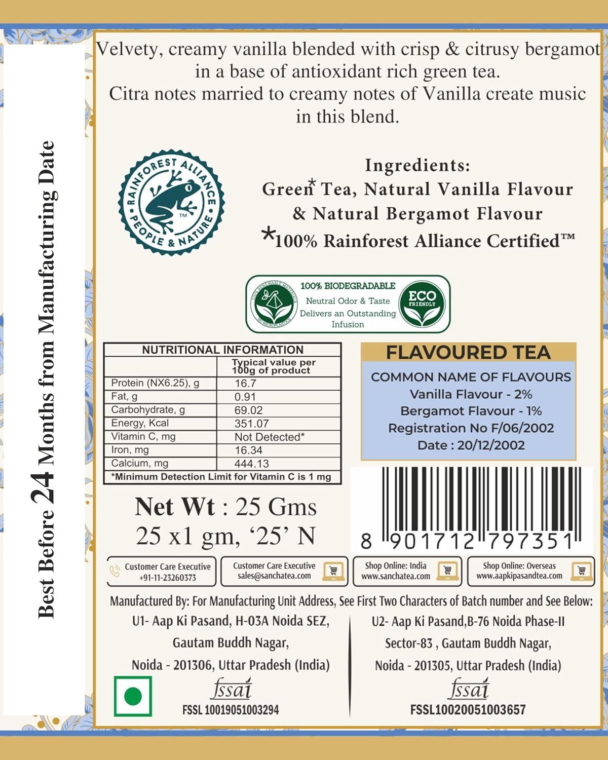 San-Cha French Earl Grey Green Tea - 25 Biodegradable Silky Tea Bags | Citrusy & Velvety Detox Tea - Environment Friendly & Made In Corn Fiber | Low Caffeine, Low Bitterness