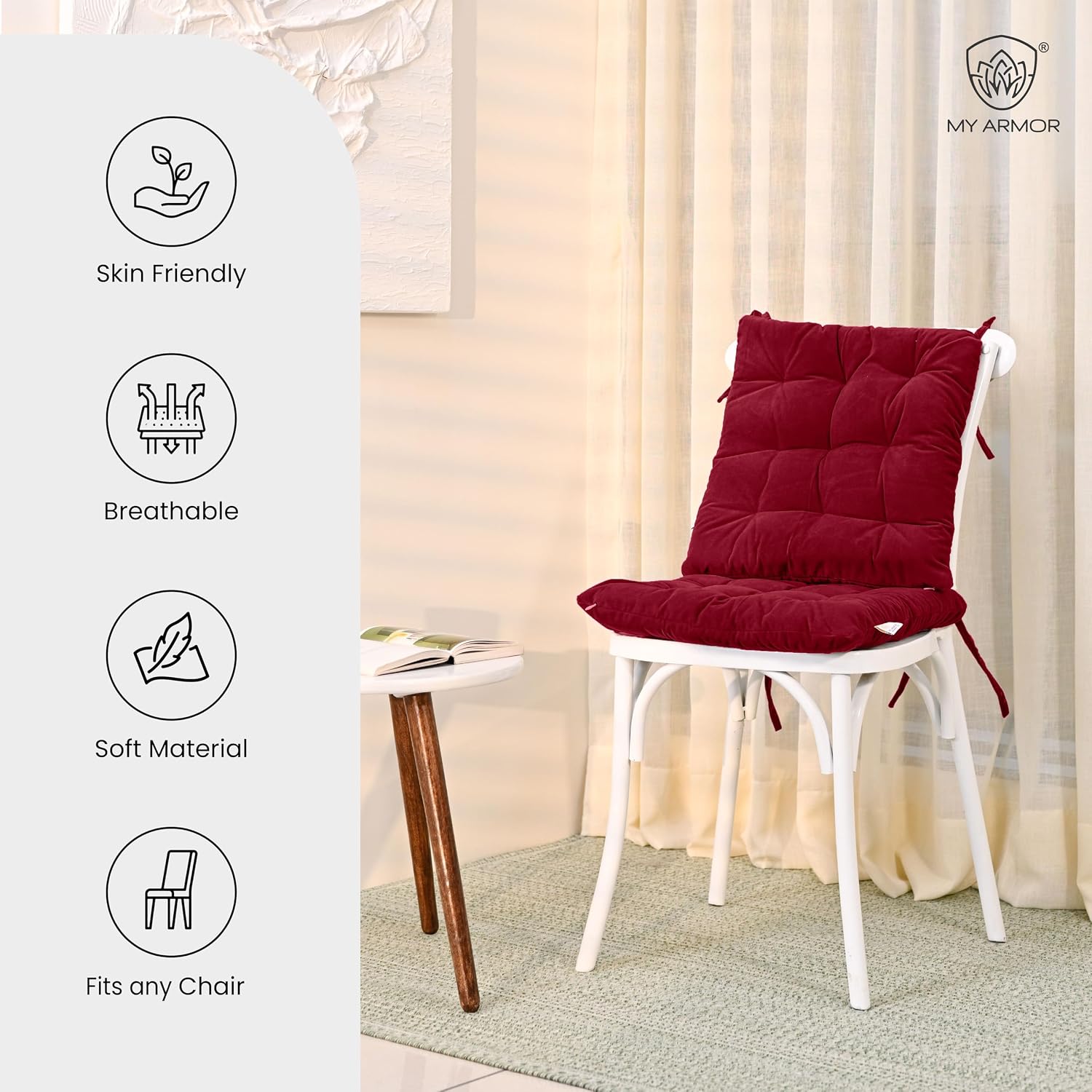 Square Chair Pads Cushion, For Comfortable Sitting, Maroon Color - 40 X 40 Cm | Seat Cushions With Ties For Sitting, Pooja, Dining & Office Table | Furniture Cushion, Washable - Pack Of 4