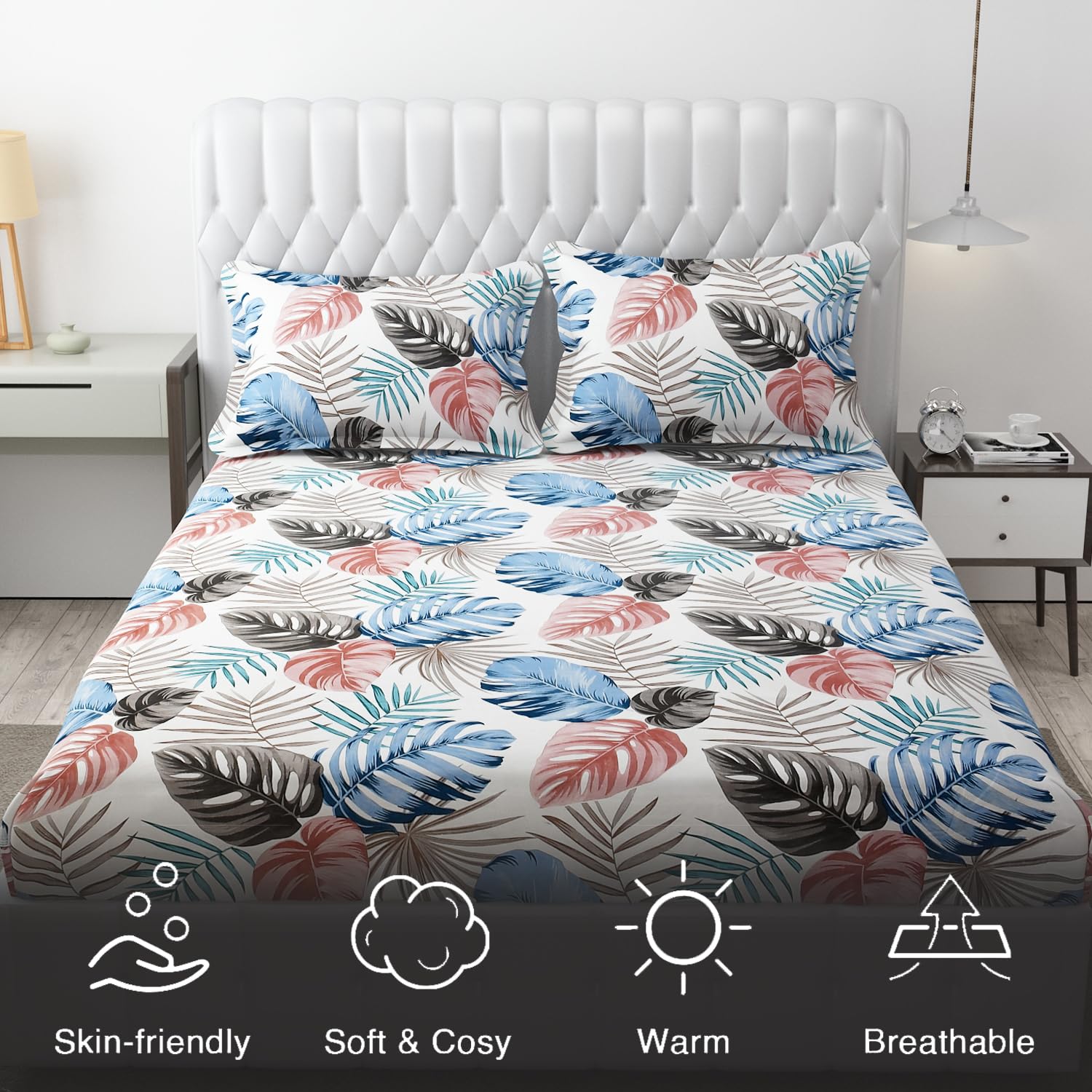 King Size Bedsheet With Two Pillow Cover (Size - 78 X 72 Inches, White & Grey) | Elastic Fitted Floral Bedsheet | Best For Festival Gifting