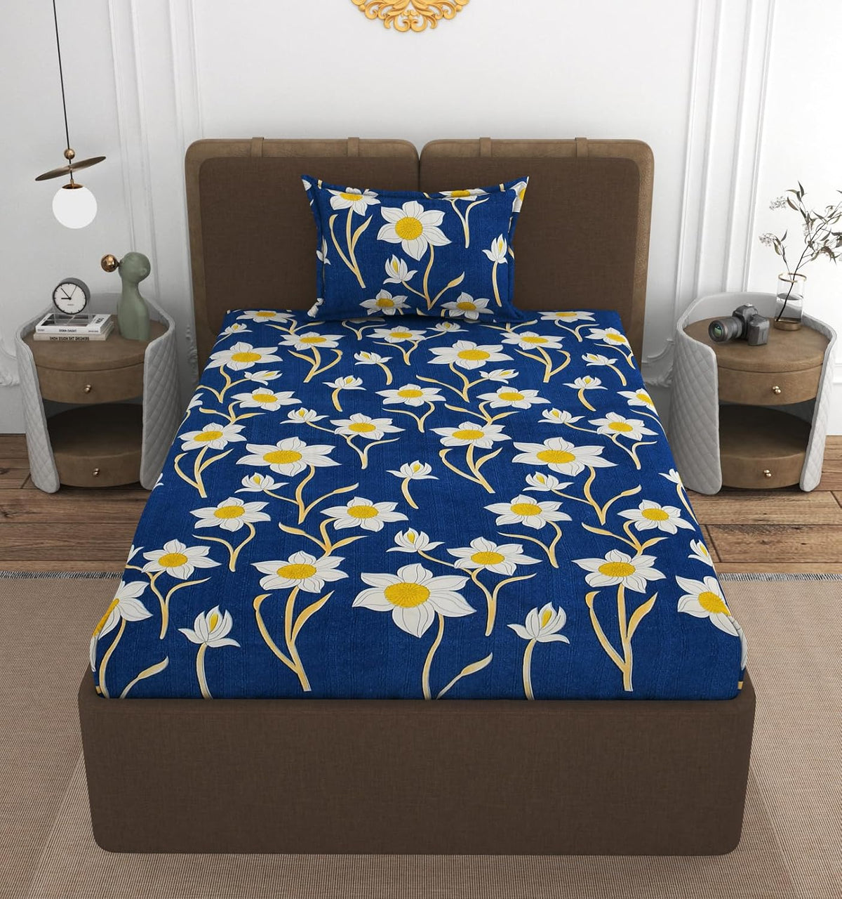 Elastic Fitted Bedsheets Single Bed With 1 Pillow Cover - Size 36 X 72 X 10 Inches, Dark Blue | 100% Premium Fabric Is Lightweight, Soft & Comfortable