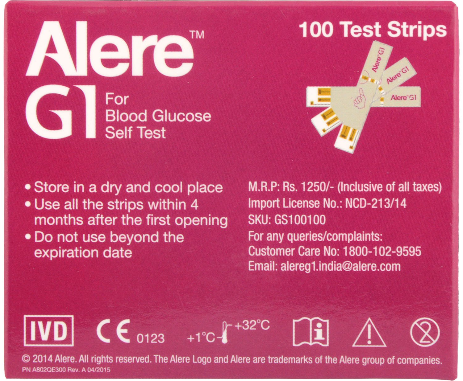 Alere G1 Blood Glucose Test Strips - 100 Strips, Multi Color | Self Test, Easy To Use, Pain Free