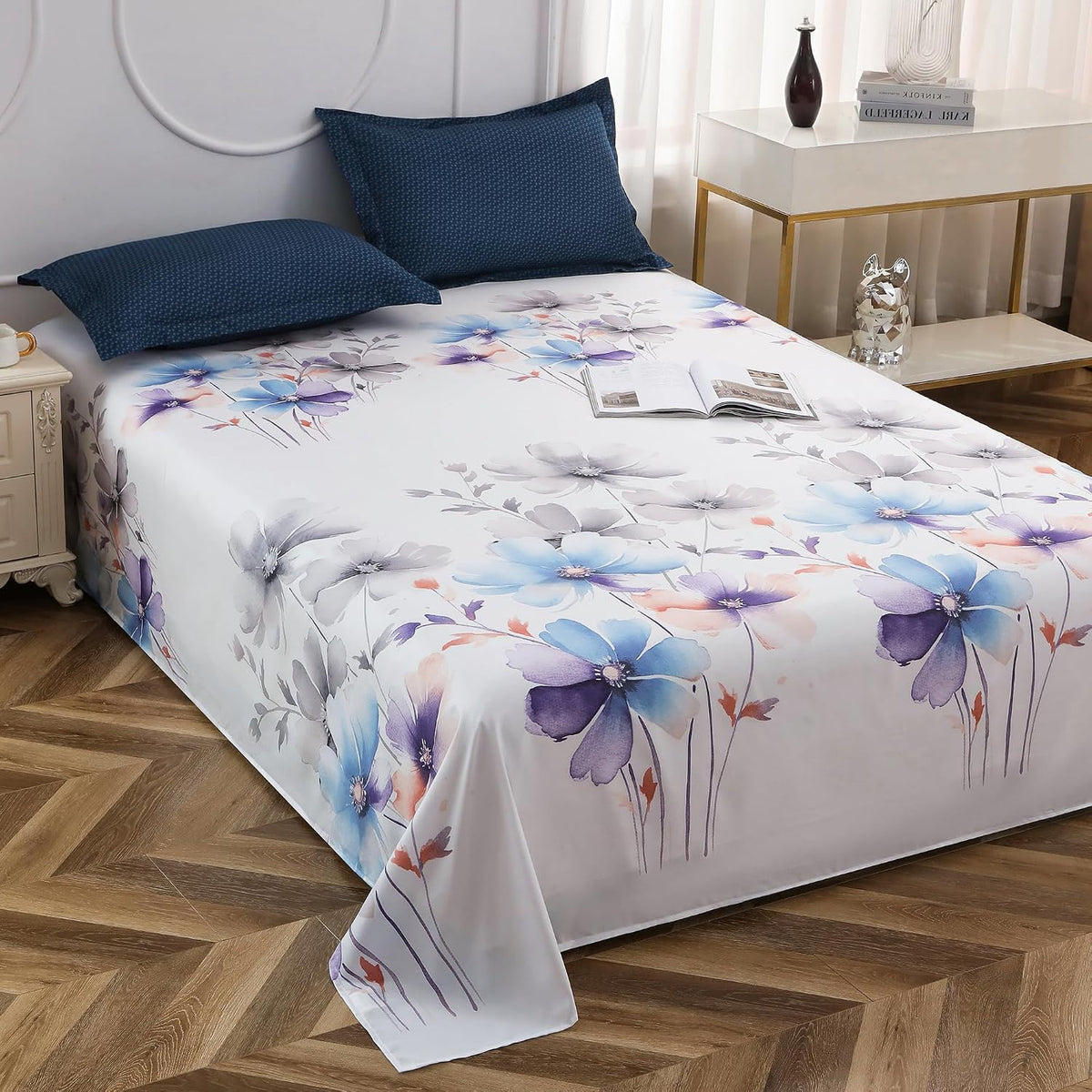 Bedsheets For Double Bed With 2 Pillow Cover - 92 X 98 Inches, White & Blue | Satin Finish Microfiber Queen Size Bedsheet | Skin Friendly & Breathable Fabric