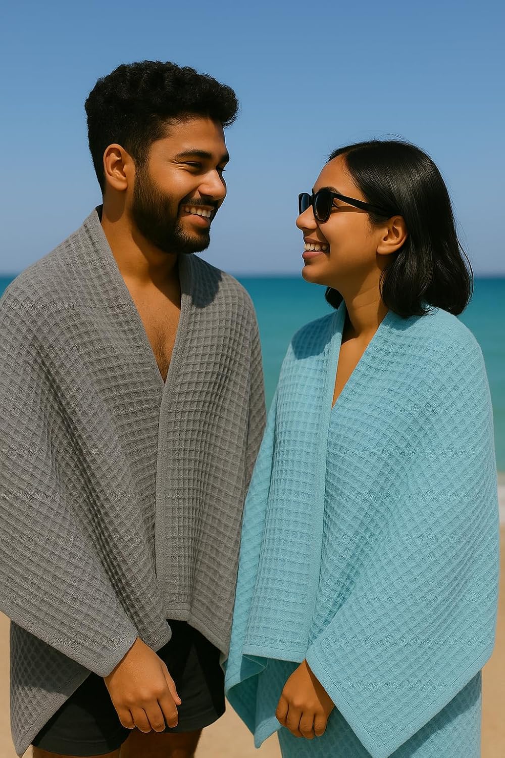 Drape&Luxe Gen-Z Towel Premium Waffle Cotton Bath Towel 1200 Gsm | Super Soft & High Absorbency Towel, Quick Drying Large Size Towels (Blue & Grey) - Pack Of 2