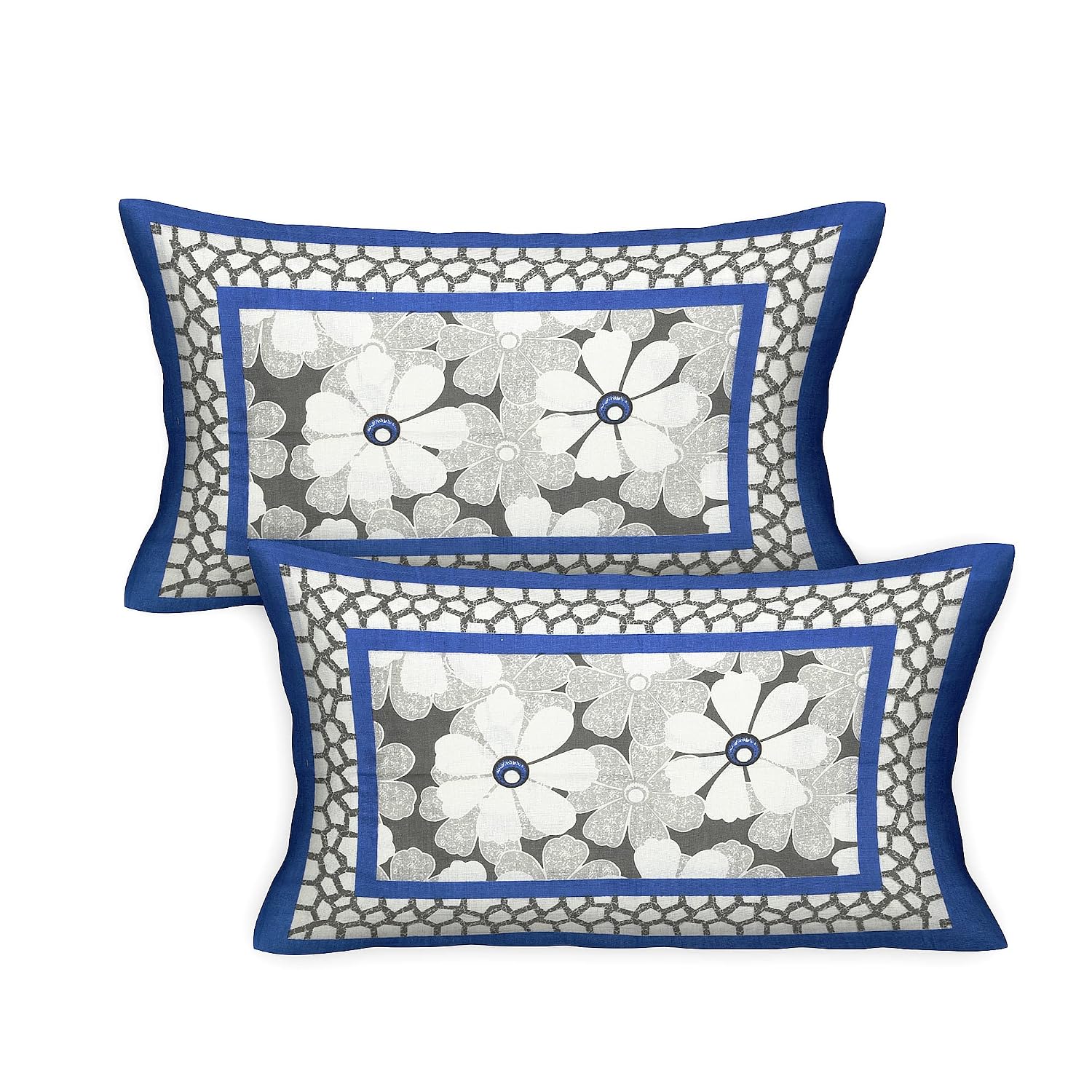 Pure 100% Cotton Double Bed Sheet With 2 Pillow Covers - 90 X 100 Inches, Blue & White | Beautifully Handcrafted Traditional Bedsheets - Skin Friendly Fabric