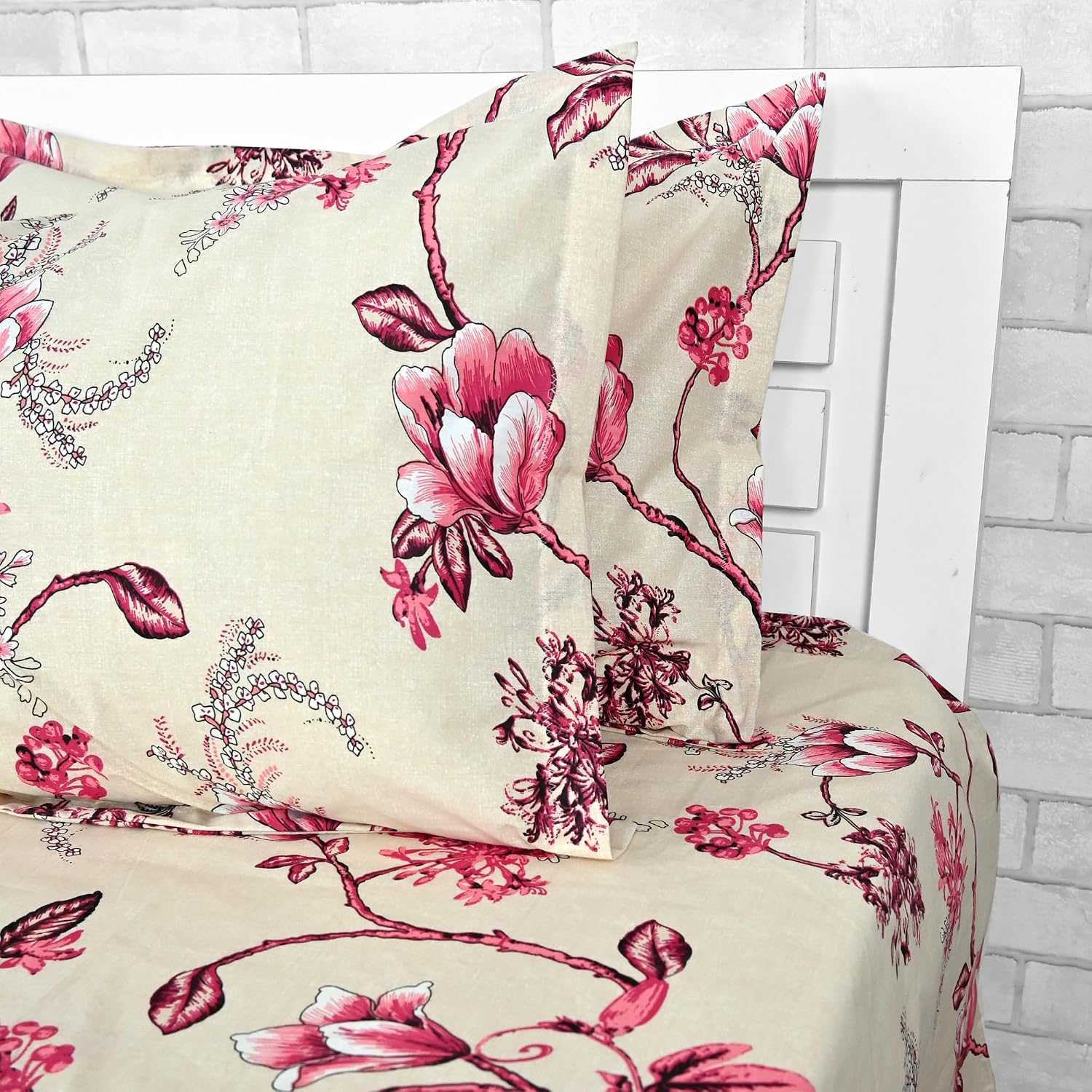 Soft Cotton Double Bedsheet With 2 Pillow Covers | 87 X 100 Inches, Cream & Red - Soft & Breathable Fabric | Comfortable For Daily Use