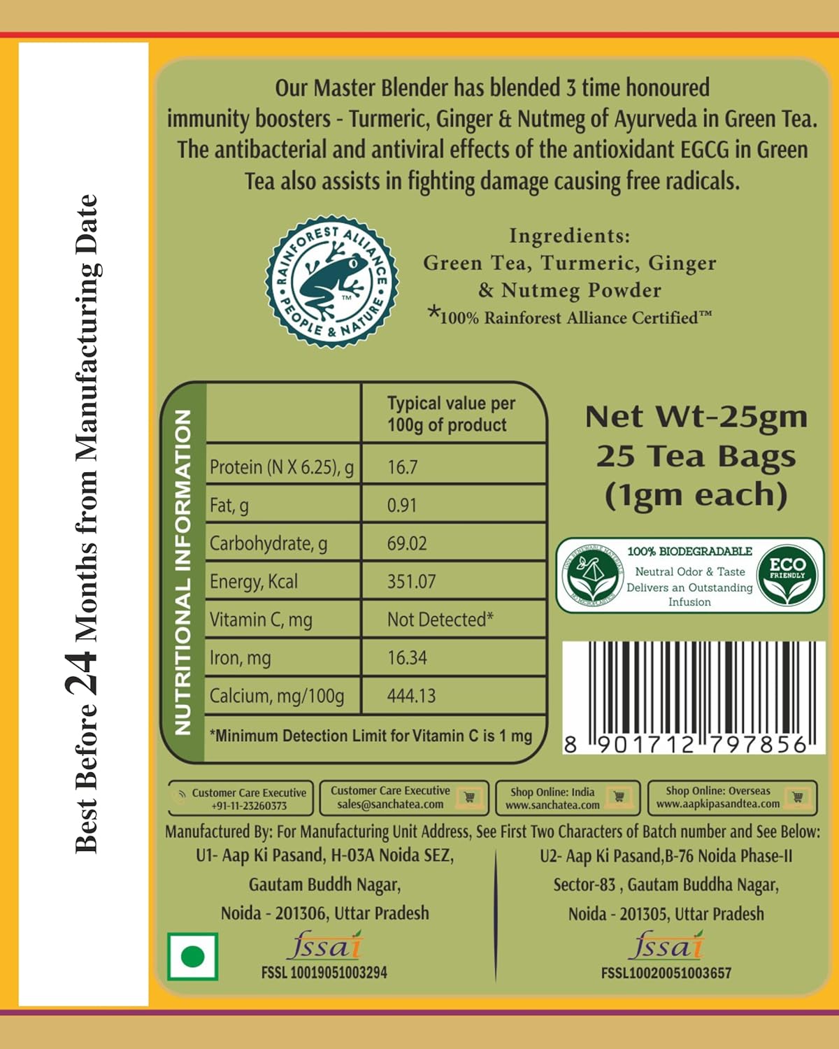 San-Cha Turmeric Boost Green Tea - 25 Biodegradable Tea Bags | Blended With Curcumin Rich Turmeric - Environment Friendly & Made In Corn Fiber | Low Caffeine