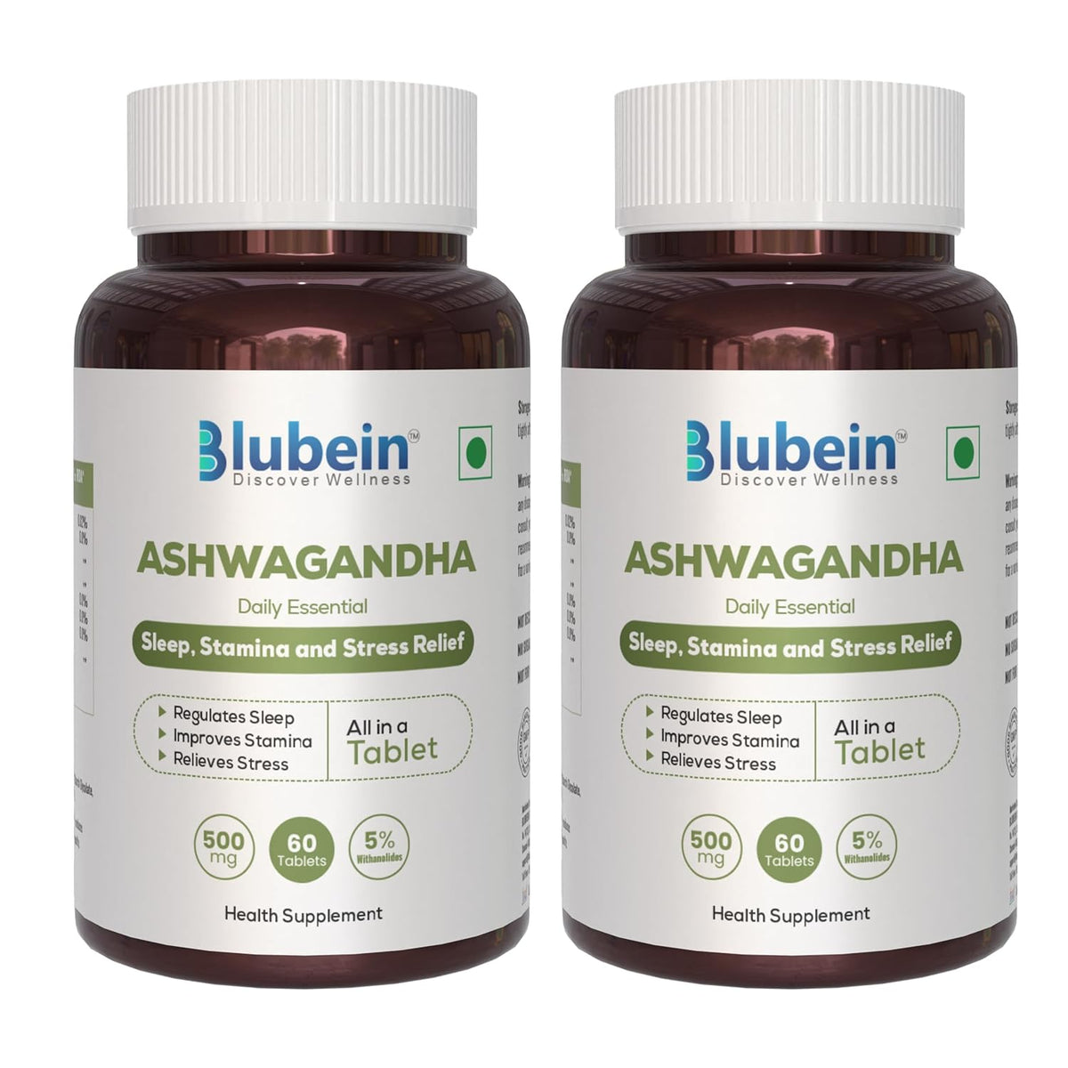 Blubein Ashwagandha Natural Stress Reliever, Enhances Physical Performance 500mg With 5% Withanolides, For Stress Relief & Anxiety Reduction | 60 Tablets 100gm 0.2lbs Each Pack Of 2