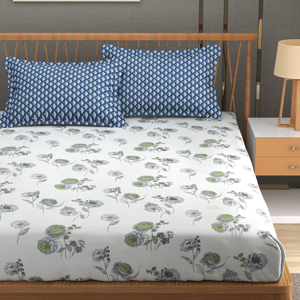 Bedsheet For Double Bed Queen Size With 2 Pillow Cover - 100 X 100 Inches, White & Blue | Perfect For Gifting On Weddings Bedsheet