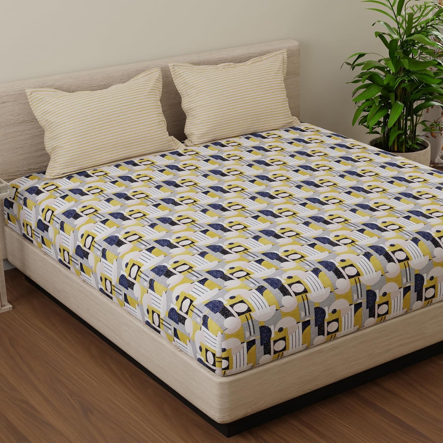 Cotton 144 TC Bedsheets For Double Bed With 2 Pillow Covers | Long Lasting & Soft To Touch - Soft & Comfortable | Queen Size - 88 X 96 Inches, Beige & Yellow