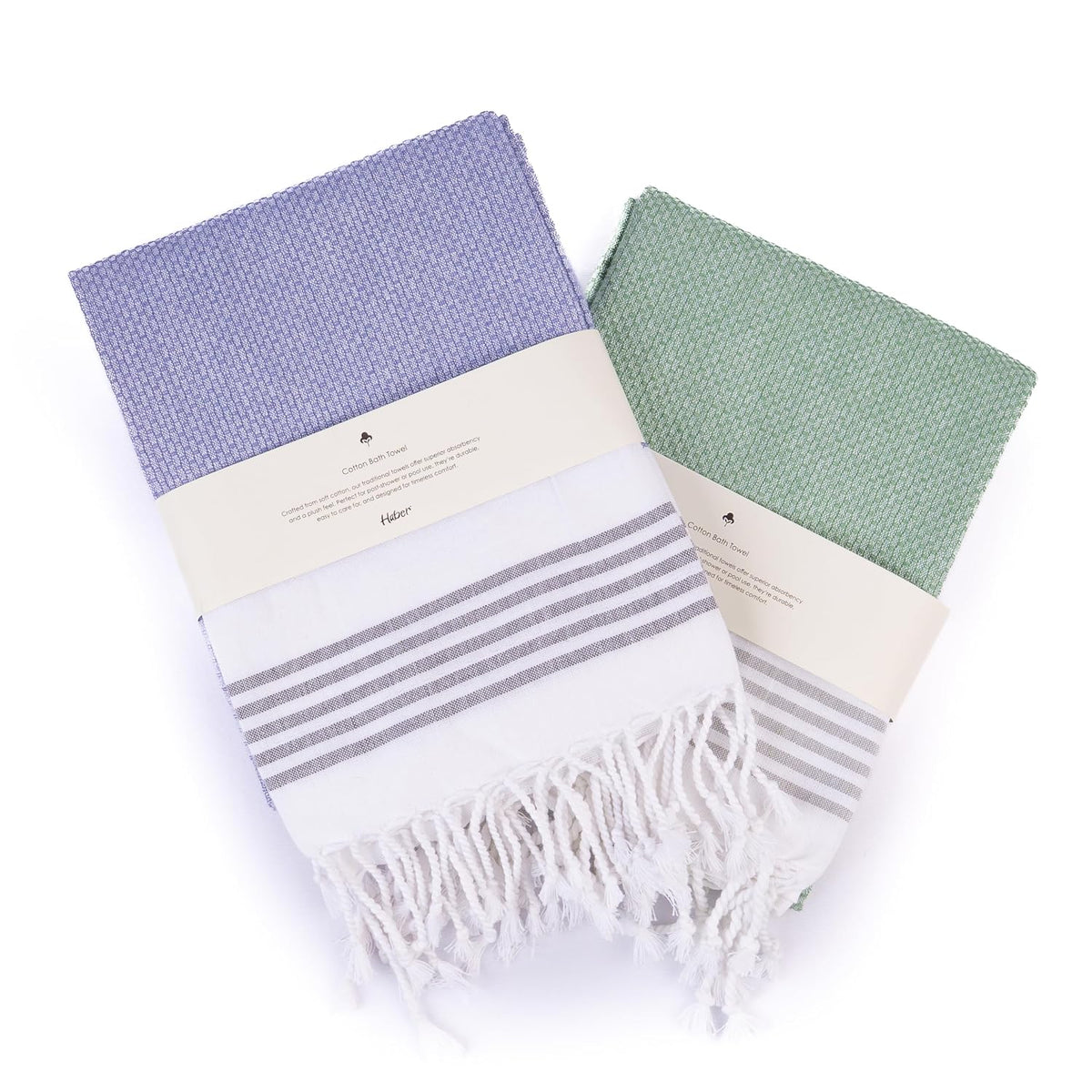 Haber Premium Light Weight 100% Cotton Bath Towel 500 Gsm | Unique Micro Waffle Texture For Active Feel, Quick Absorption & Faster Drying Towel (Green & Heather)- Pack Of 2