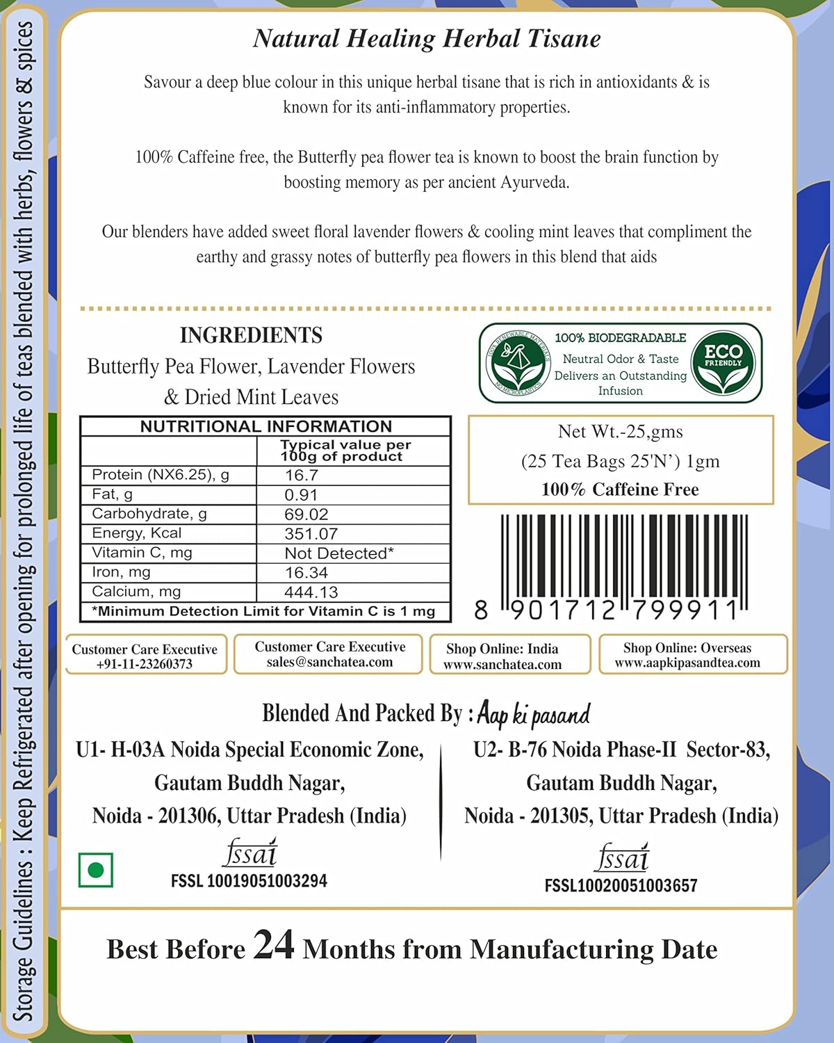 San-Cha Butterfly Pea Flower Herbal Tea - 25 Biodegradable Herbal Tea Bags | Cleansing Superfood, Stress Relief Tea - Lavender & Mint Tea Blend | Caffeine Free